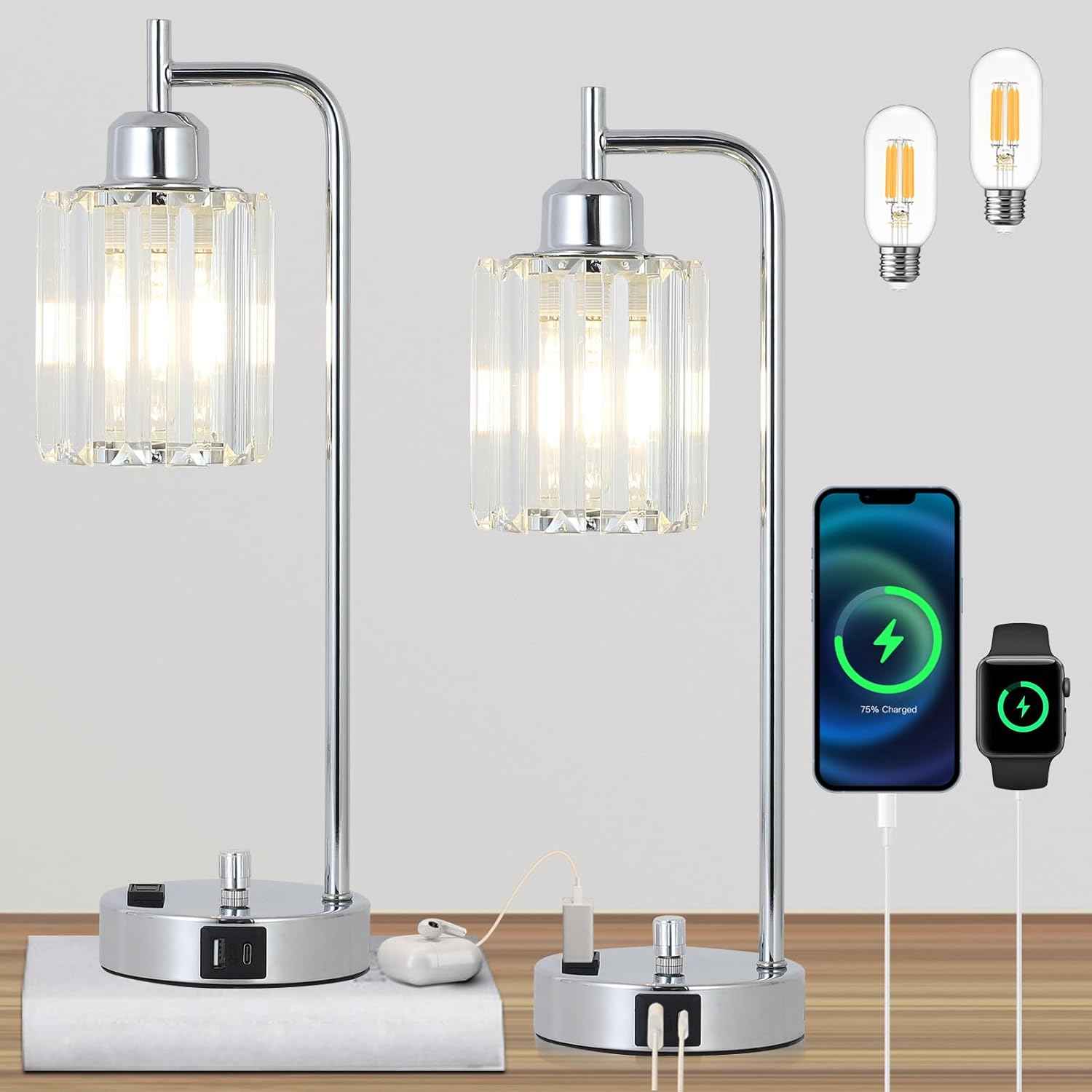 Modern Gold Crystal Table Lamps Set of 2 with LED Bulbs & USB Port - Elegant Bedside Lighting