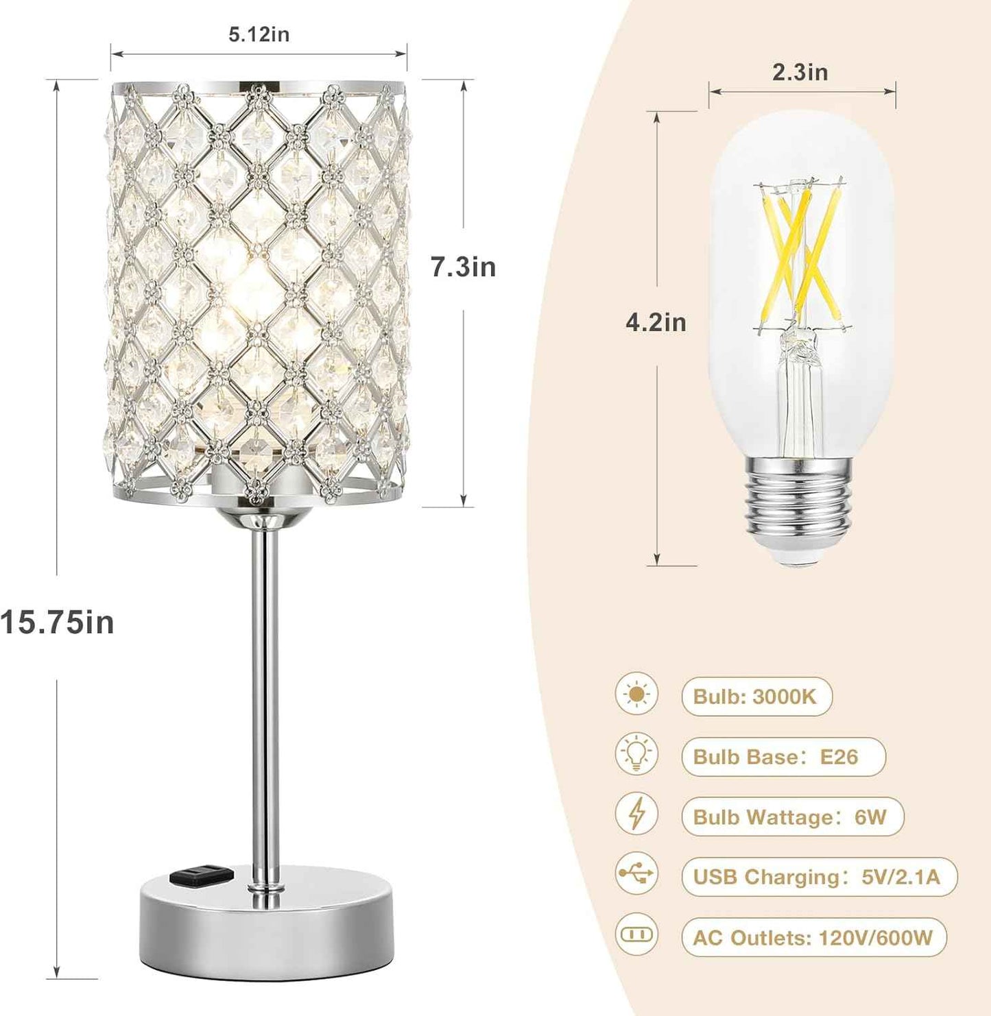 Dimmable Touch Control Crystal Table Lamp Set of 2 with USB-C & AC Ports - Elegant Nightstand Lighting for Bedroom & Living Room