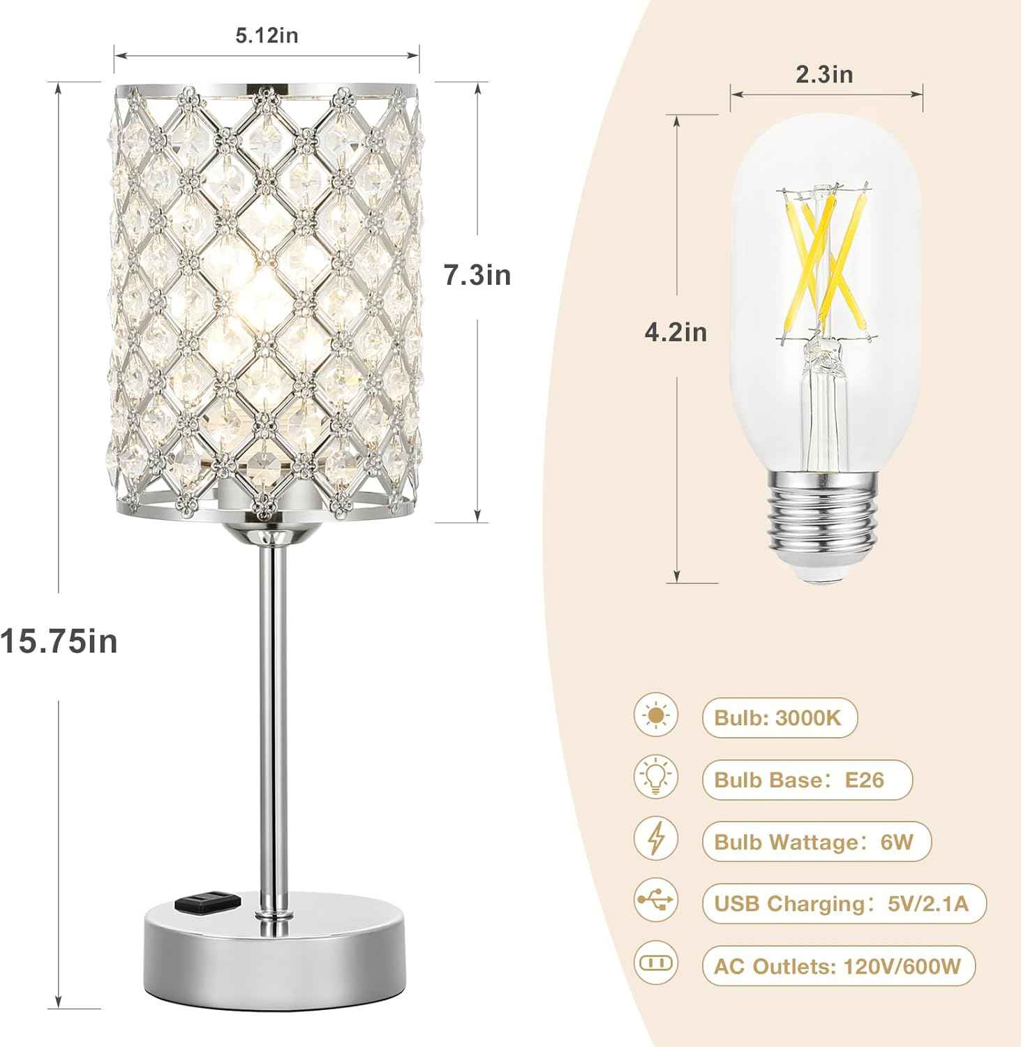 Dimmable Touch Control Crystal Table Lamp Set of 2 with USB-C & AC Ports - Elegant Nightstand Lighting for Bedroom & Living Room