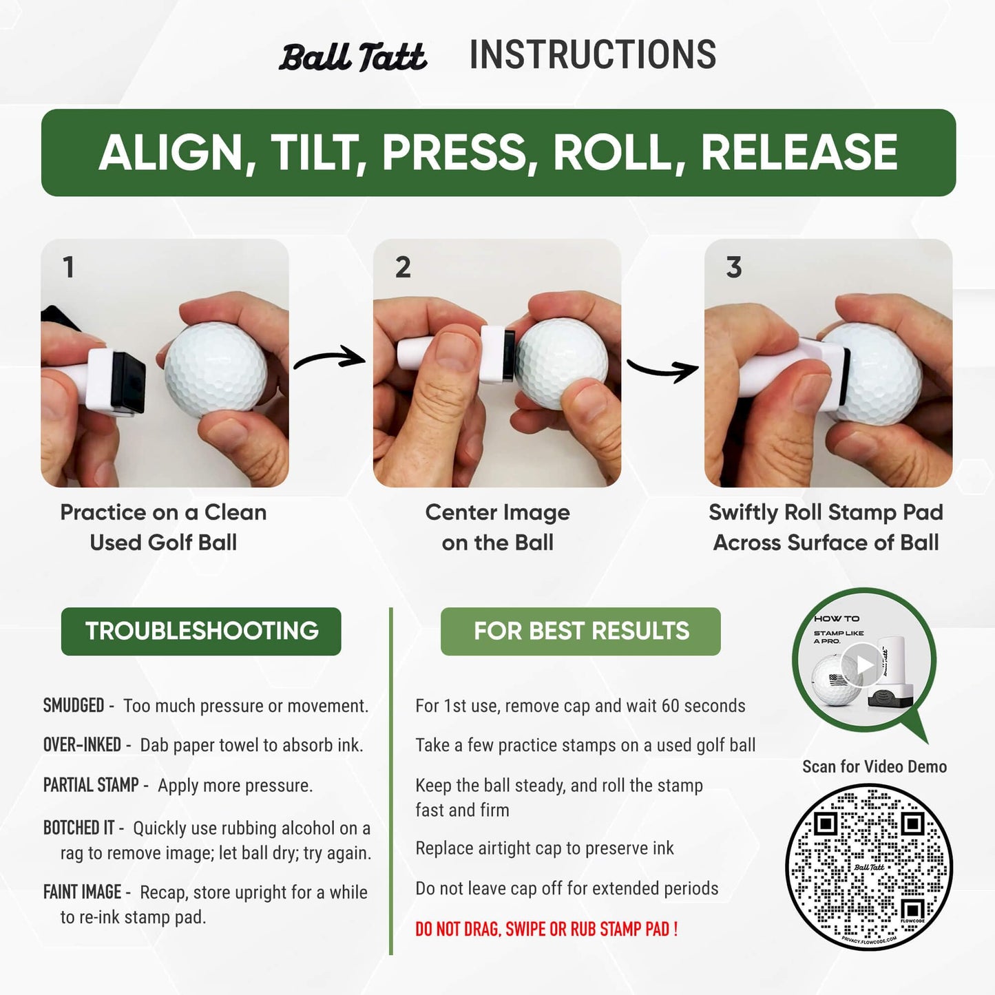 Ball Tatt – Personalized Golf Ball Stamp - Self-Inking Quick-Dry Letter Monogram Stamper, Permanent Waterproof Ball Marking Tool, Reusable No Refills - Ideal Gift for Golfers, Dads - (S Golf Bag)