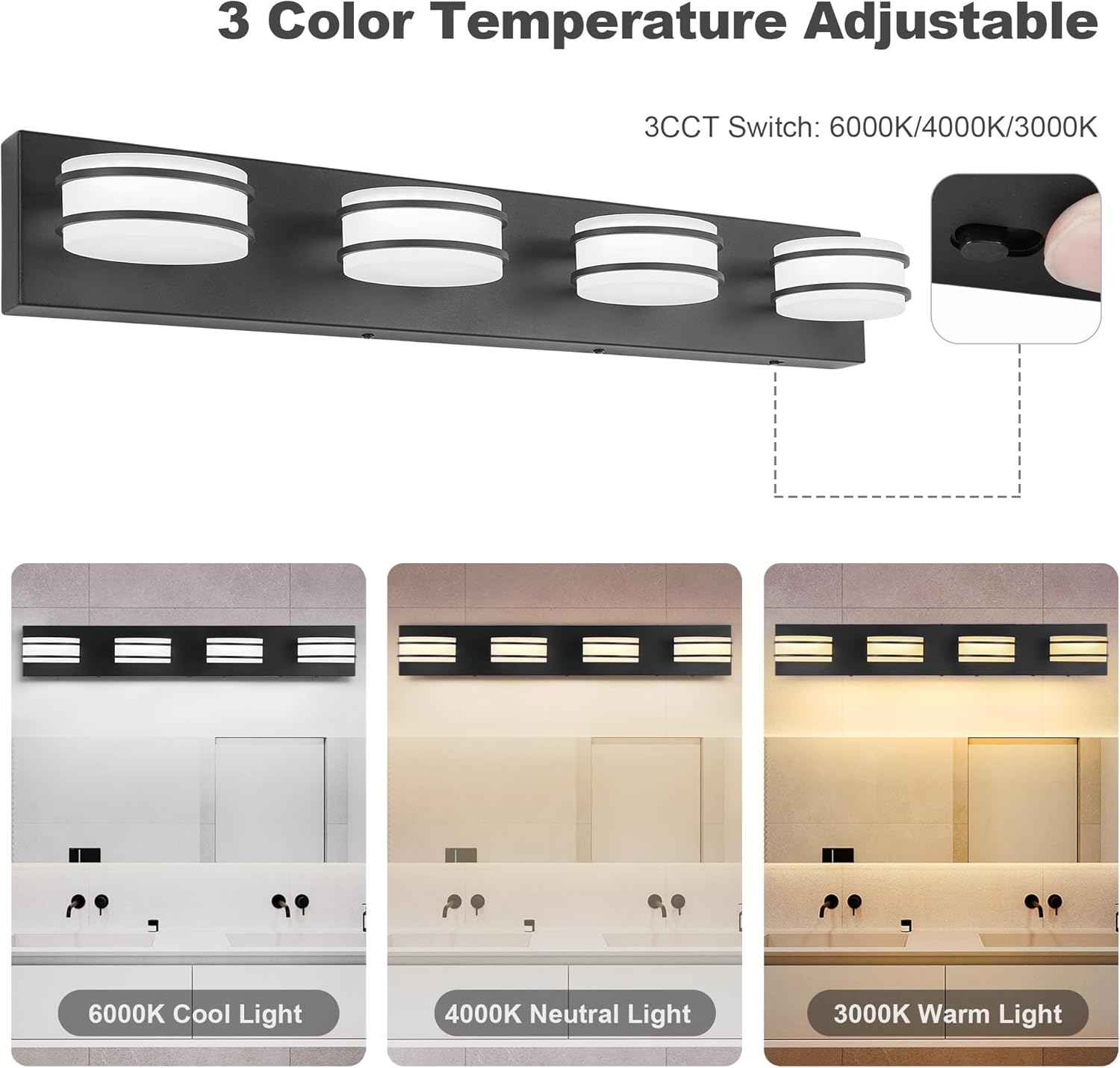 LED Chrome 3-Light Dimmable Bathroom Vanity Light Fixture - Modern Acrylic & Stainless Steel Over Mirror Lighting