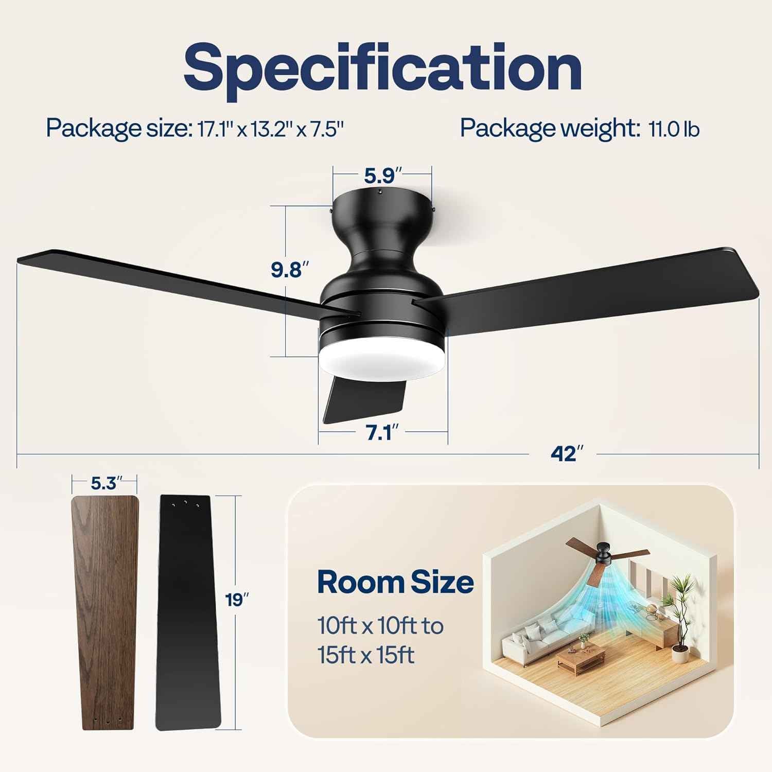 42-Inch VIVOHOME Low Profile Ceiling Fan with Lights & Remote - Dimmable, Quiet, Reversible for Bedroom & Living Room