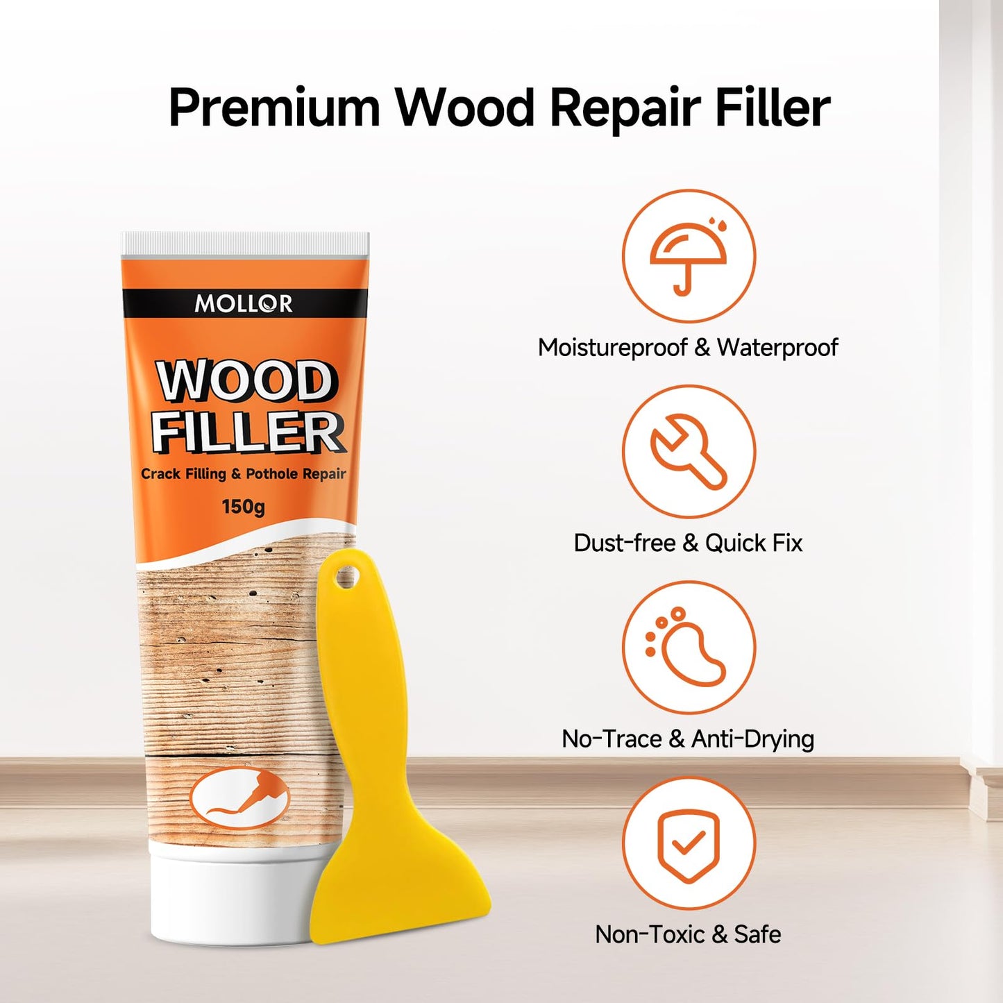 Mollor All Purpose Wood Filler, White Wood Putty Repair for Holes, Quickly Restore Any Broken and Defective Wooden Furniture, Door Frame Repair Kit Stainable (5.29oz/150g)