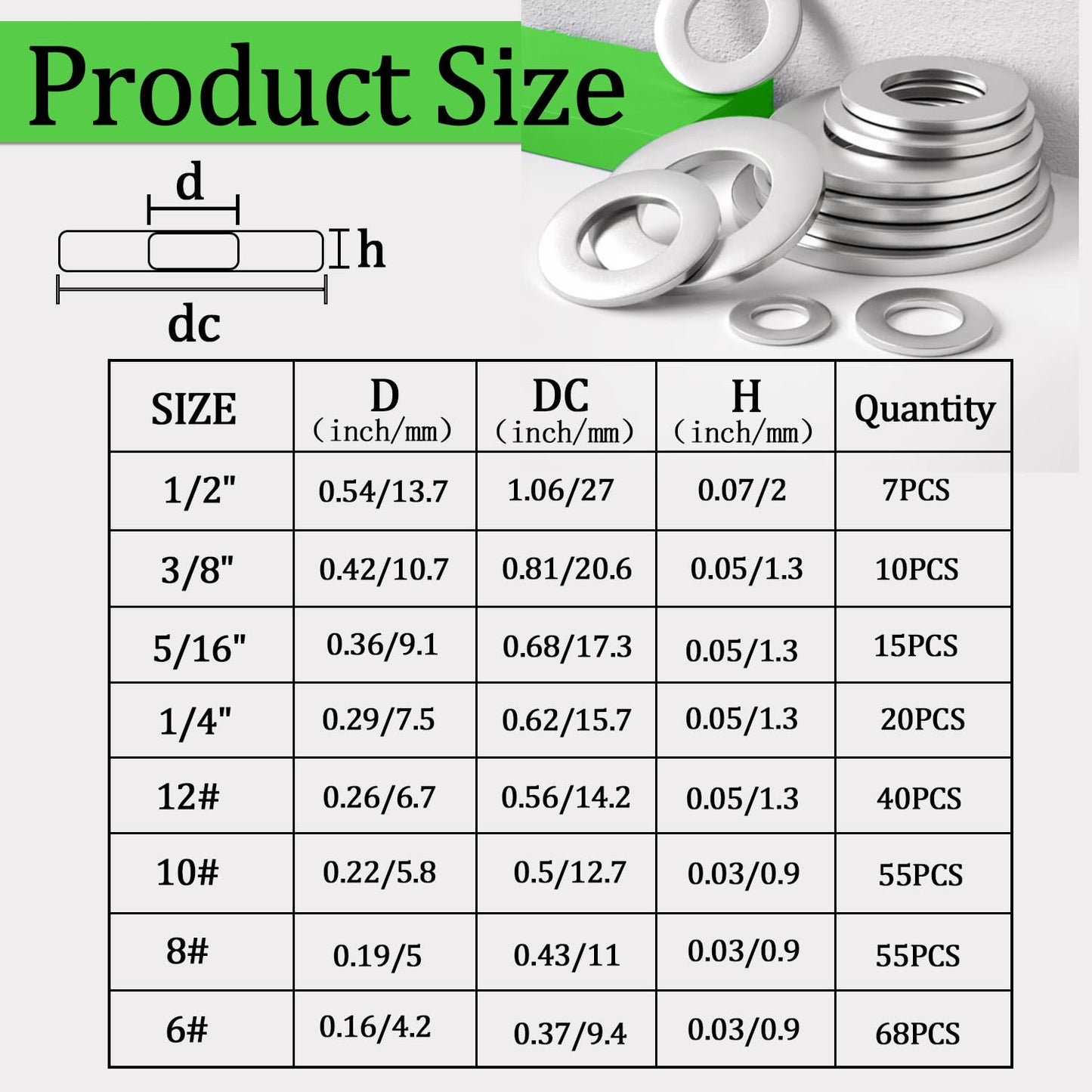 270 PCS 304 Stainless Steel Flat Washers Assortment Kit 8 Size-1/2 3/8 5/16 1/4 12# 10# 8# 6# 304 Stainless Steel Flat Washers for Screws Bolts
