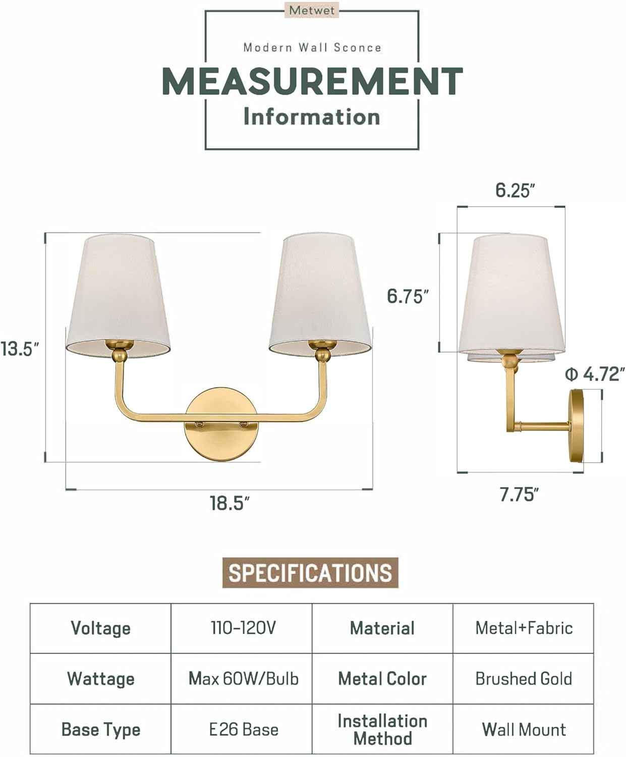 Brushed Gold 2-Light Bathroom Vanity Wall Sconce with White Fabric Shade - Modern Lighting for Hallway & Bedroom