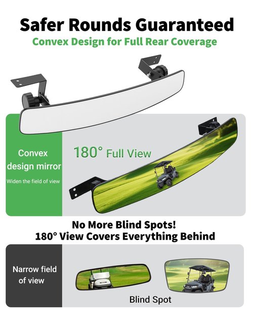 Golf Cart Rear View Mirror, 16.5" Universal Adjustable Rearview Mirror Extra Wide 180° Panoramic, Compatible with EZGO, Club Car, Yamaha for Enhanced Rear Visibility