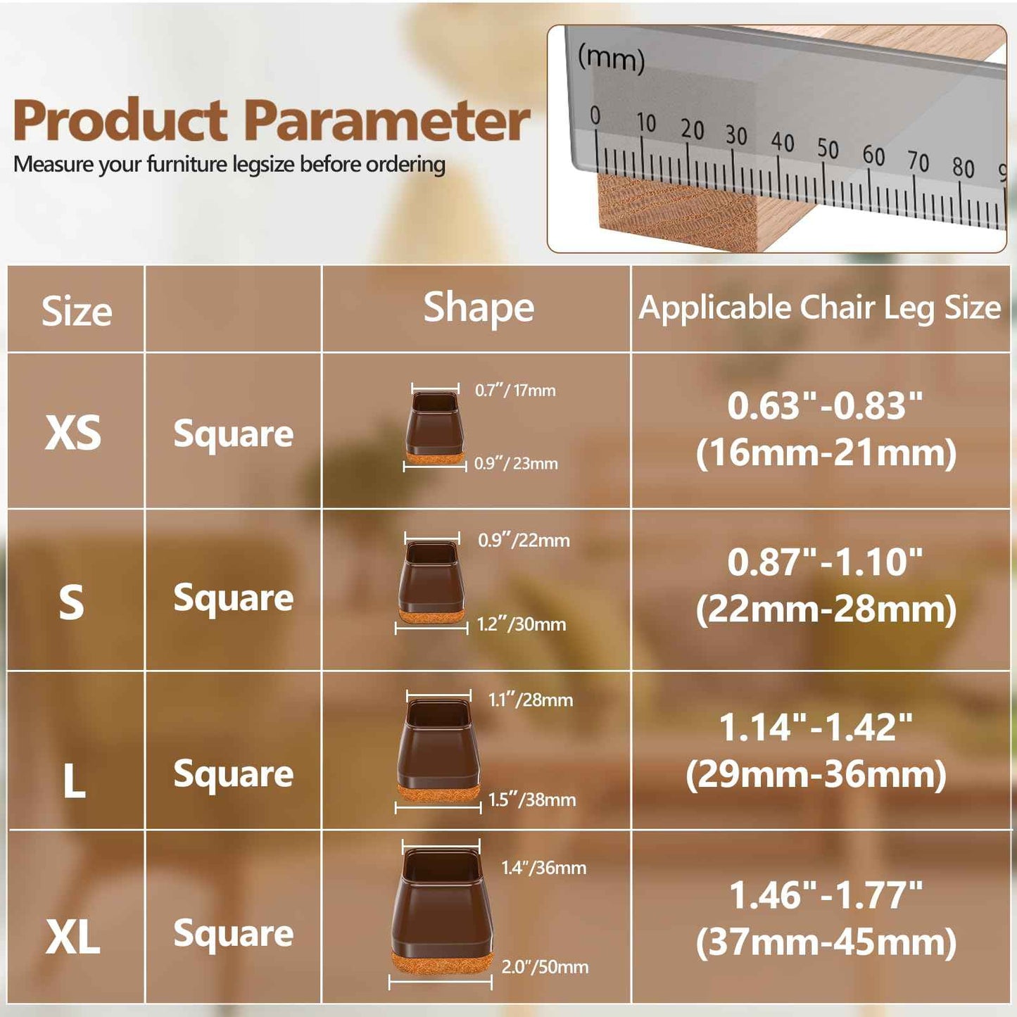 28Pcs Square Chair Leg Floor Protectors with Wrapped Felt Bottom, Silicone Chair Leg Protectors for Hardwood Floors, Chair Legs Cover Prevents Scratches & Reduce Noise (Brown S Fit 0.87"-1.10")