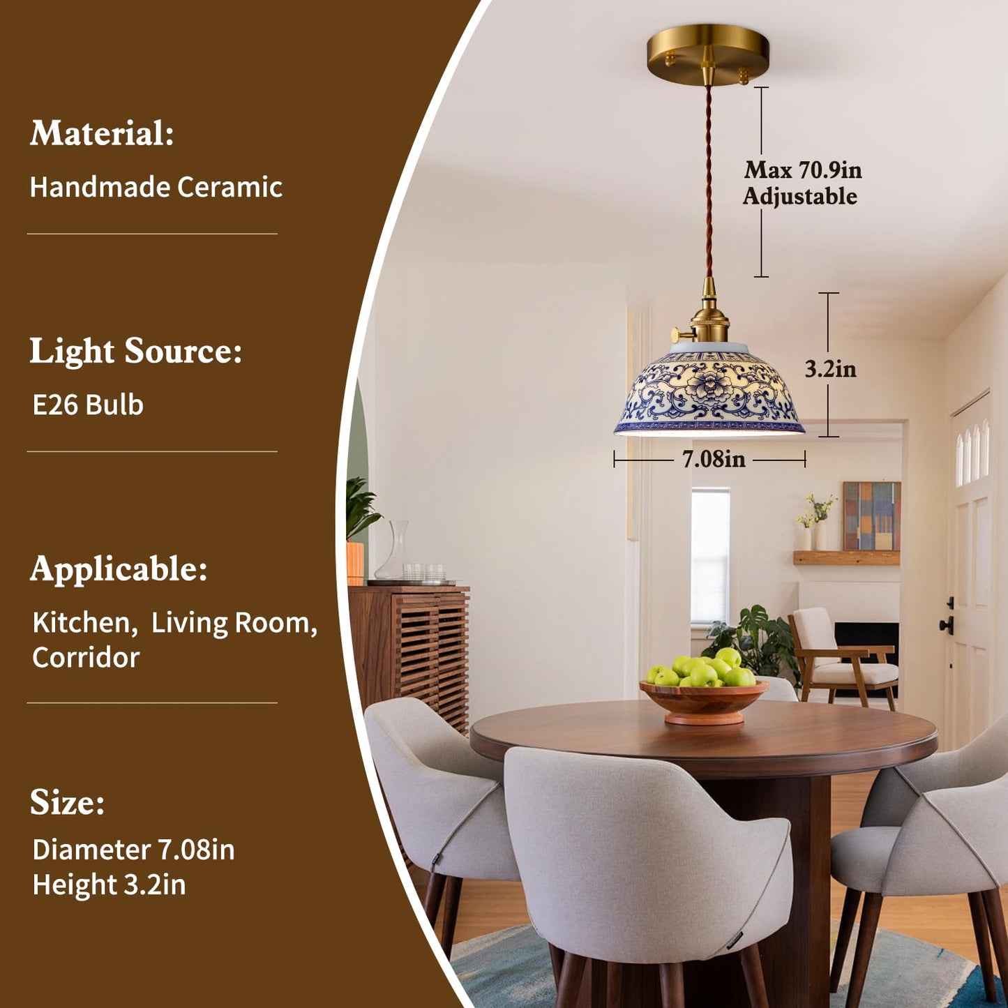 7in Ceramic Pendant Light, Chinese Blue and White Porcelain Pendant Light fixtures, Bedside Light, Hanging lamp for Kitchen Island Light Fixture, Home Bedroom Dining Room Ceiling Hanging Light small