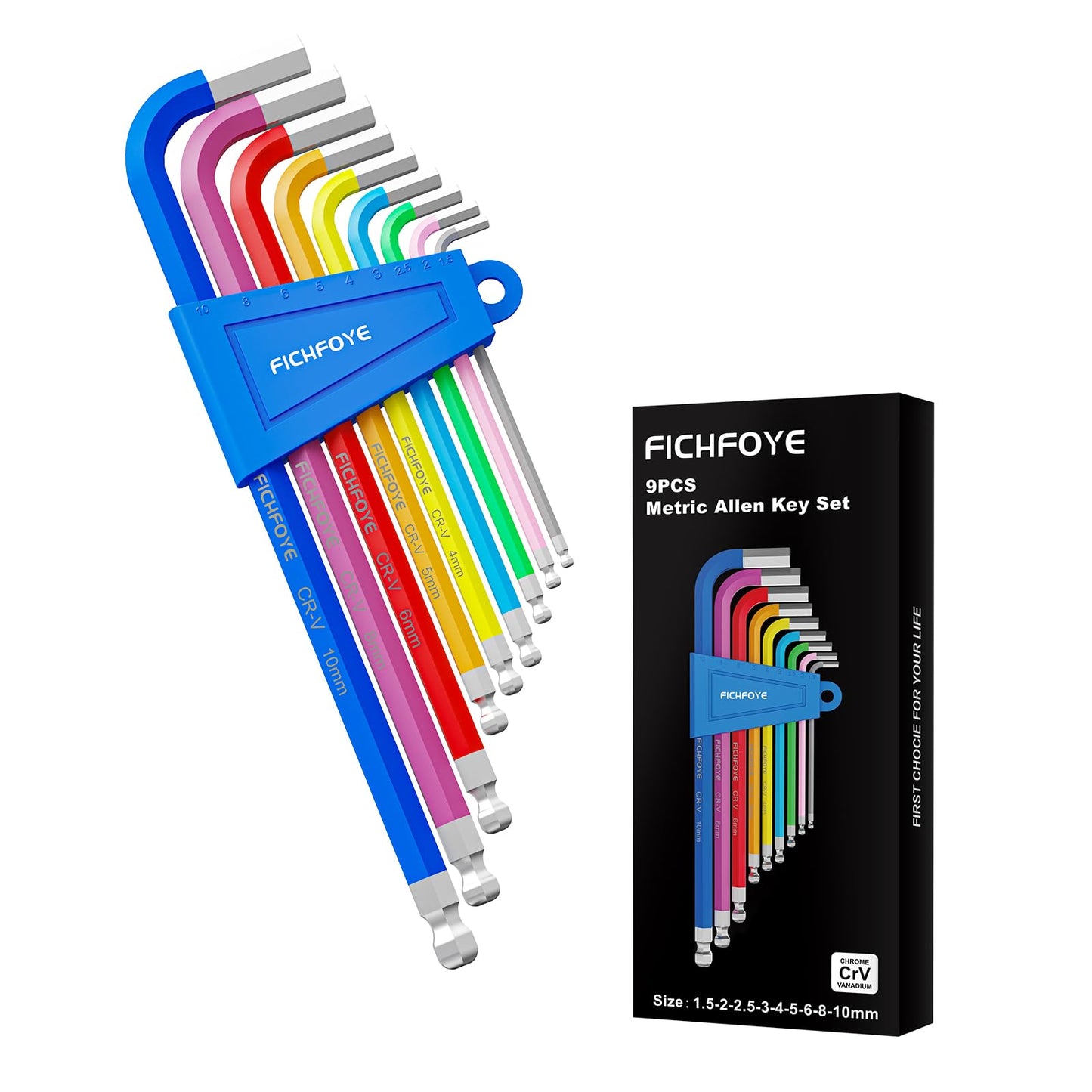 FICHFOYE 9PCS Metric Allen Key Set, Color Coded Hex Key, 1.5-10MM Anti-Slip Long Ball End Hex Wrench Set Ideal for Dismantling Machinery, Equipment, Vehicle, and Bicycle Maintenance