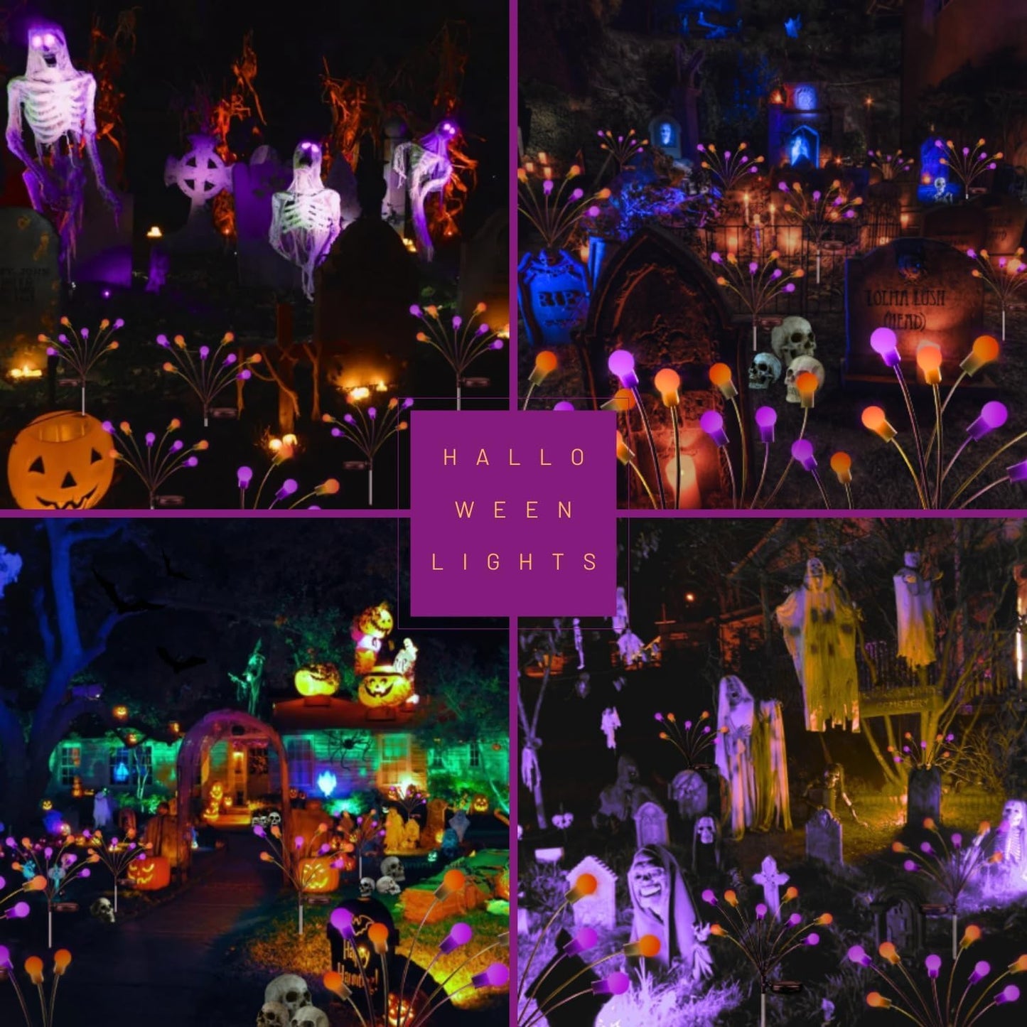 48 LED Solar Halloween Lights - 6 Pack Purple & Orange Waterproof Firefly Lights for Garden & Patio Decor