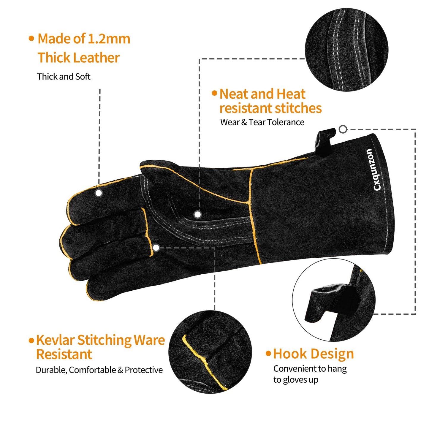 Cxqunzon Leather Welding Gloves - Thick Premium Cow Split Leather, Heat & Fire Resistant, Soft Cotton Lined Interior for TIG/MIG Welding, Grilling, BBQ & Fireplace (Black)