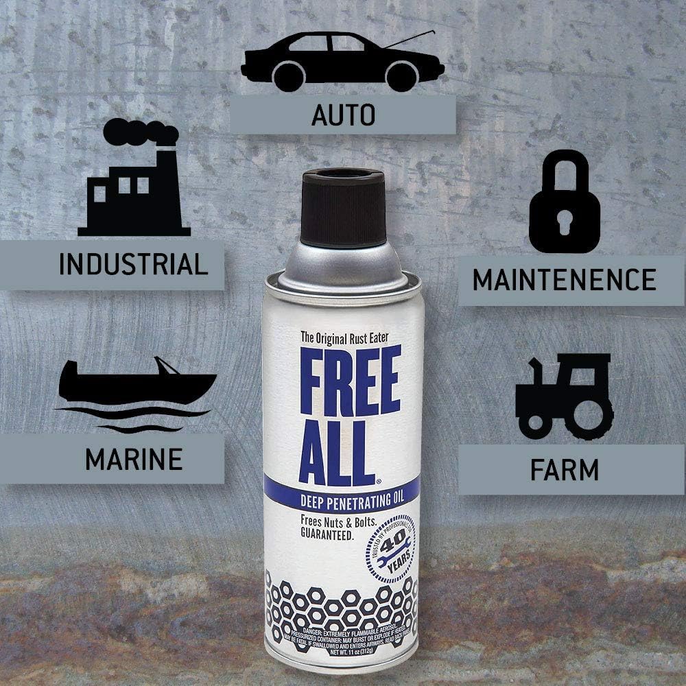 Free All Rust Eater Deep Penetrating Oil, 11 oz Aerosol – Loosens Rusted Bolts, Nuts, Pipe Connections & Locks – Industrial-Grade Rust Remover, Silicone-Free, Safe on Paint & Plastic Surfaces, 6-Pack
