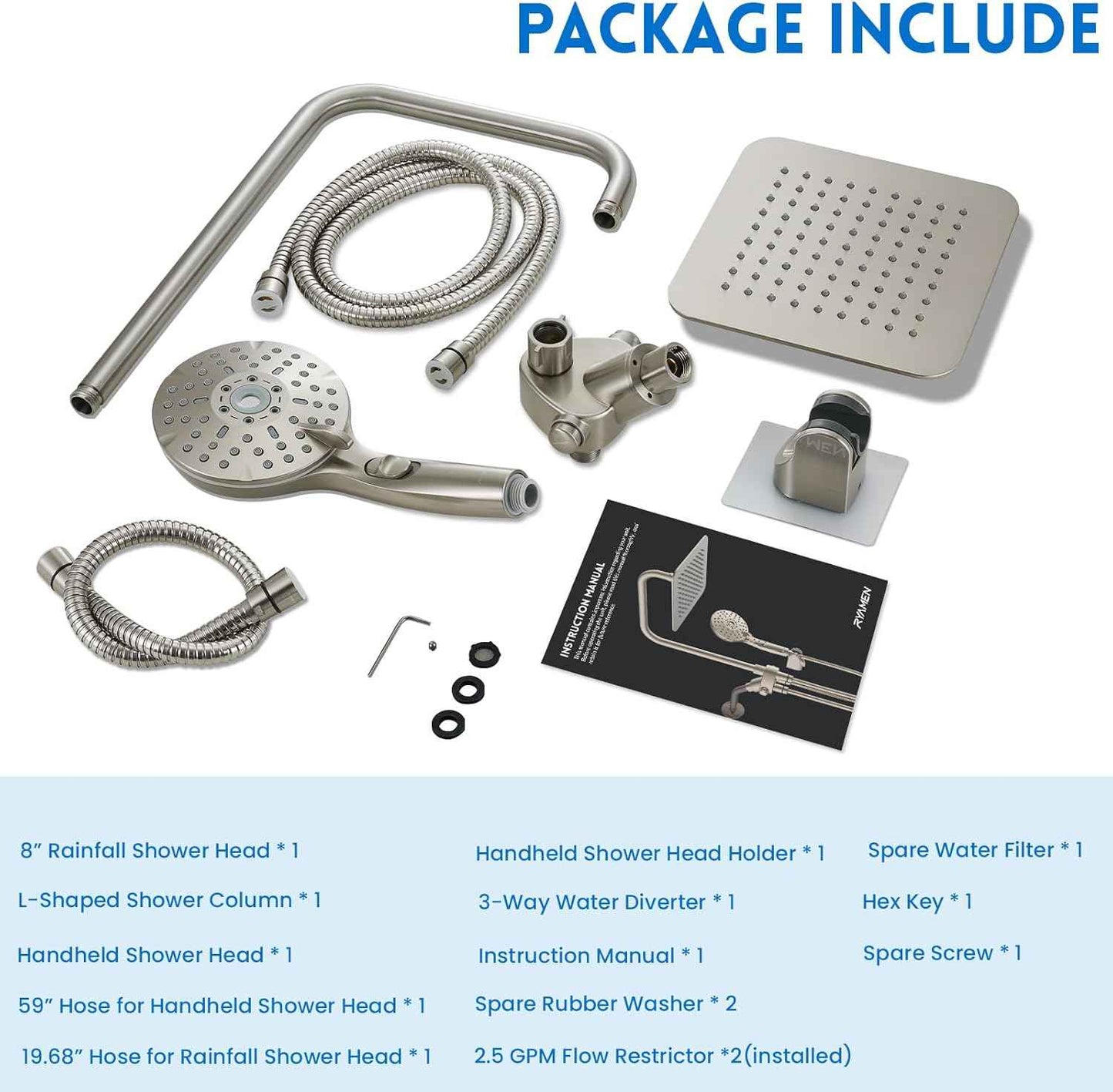 High Pressure Dual Shower Head Combo with Handheld - 8" Rainfall & 6 Spray Settings, Adjustable Brushed Nickel