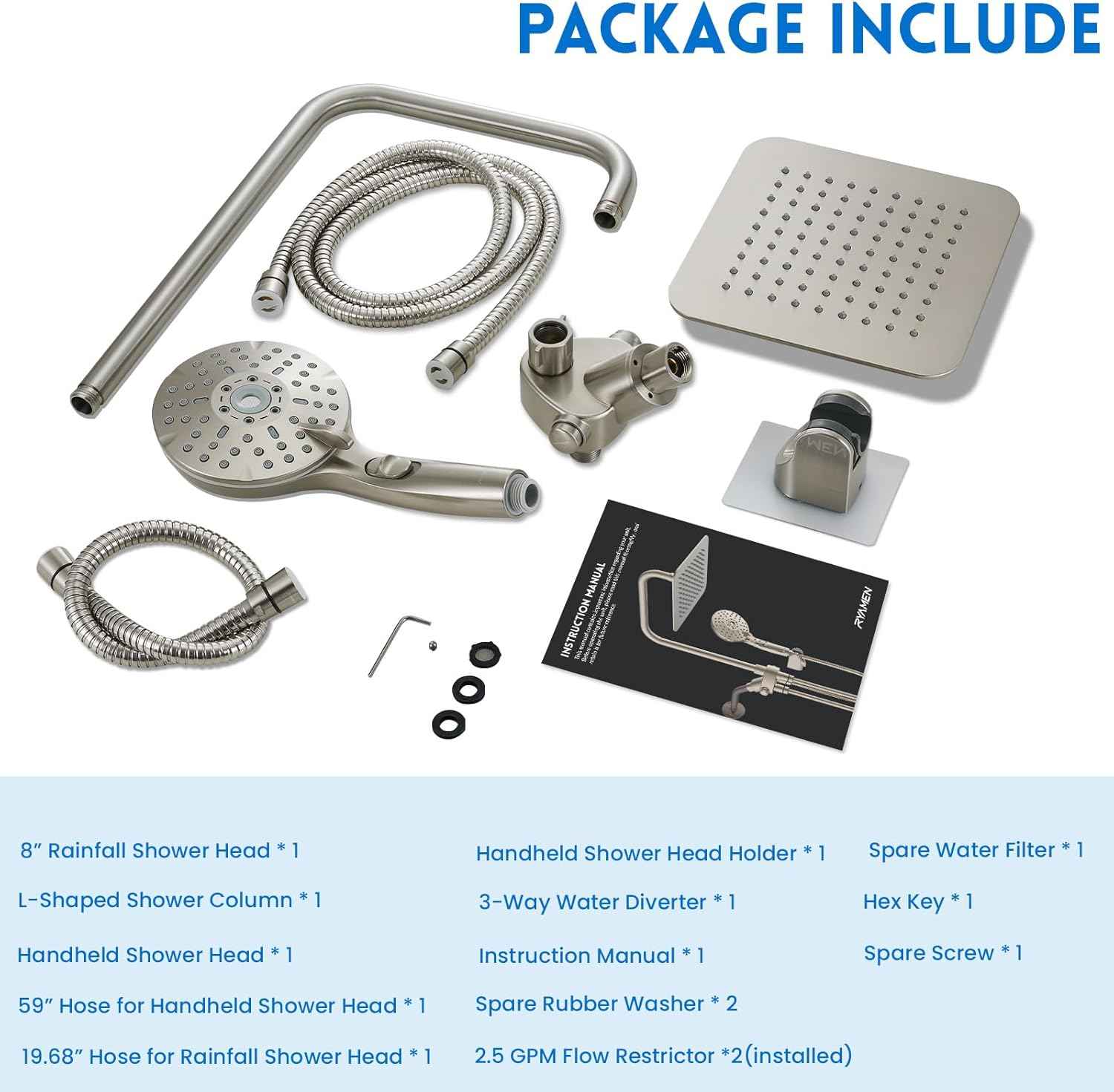 High Pressure Dual Shower Head Combo with Handheld - 8" Rainfall & 6 Spray Settings, Adjustable Brushed Nickel