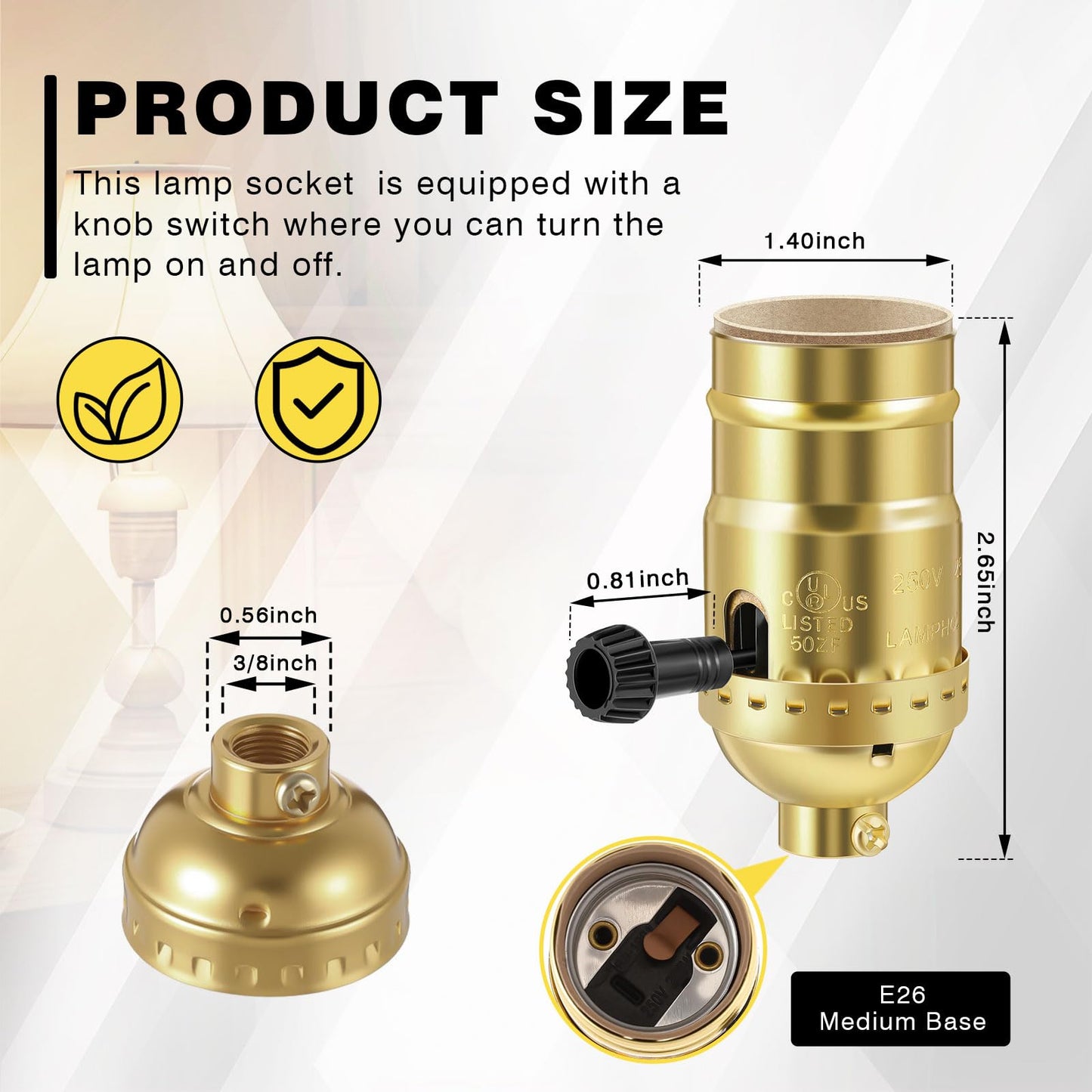 Saysurey 4 Pcs UL Listed Lamp Socket Replacement 1 Way ON/Off Light Settings E26 Threaded Base Turn Switch Knob Light Socket Lamp Parts for Repair Table Floor Lamps DIY Project, Gold