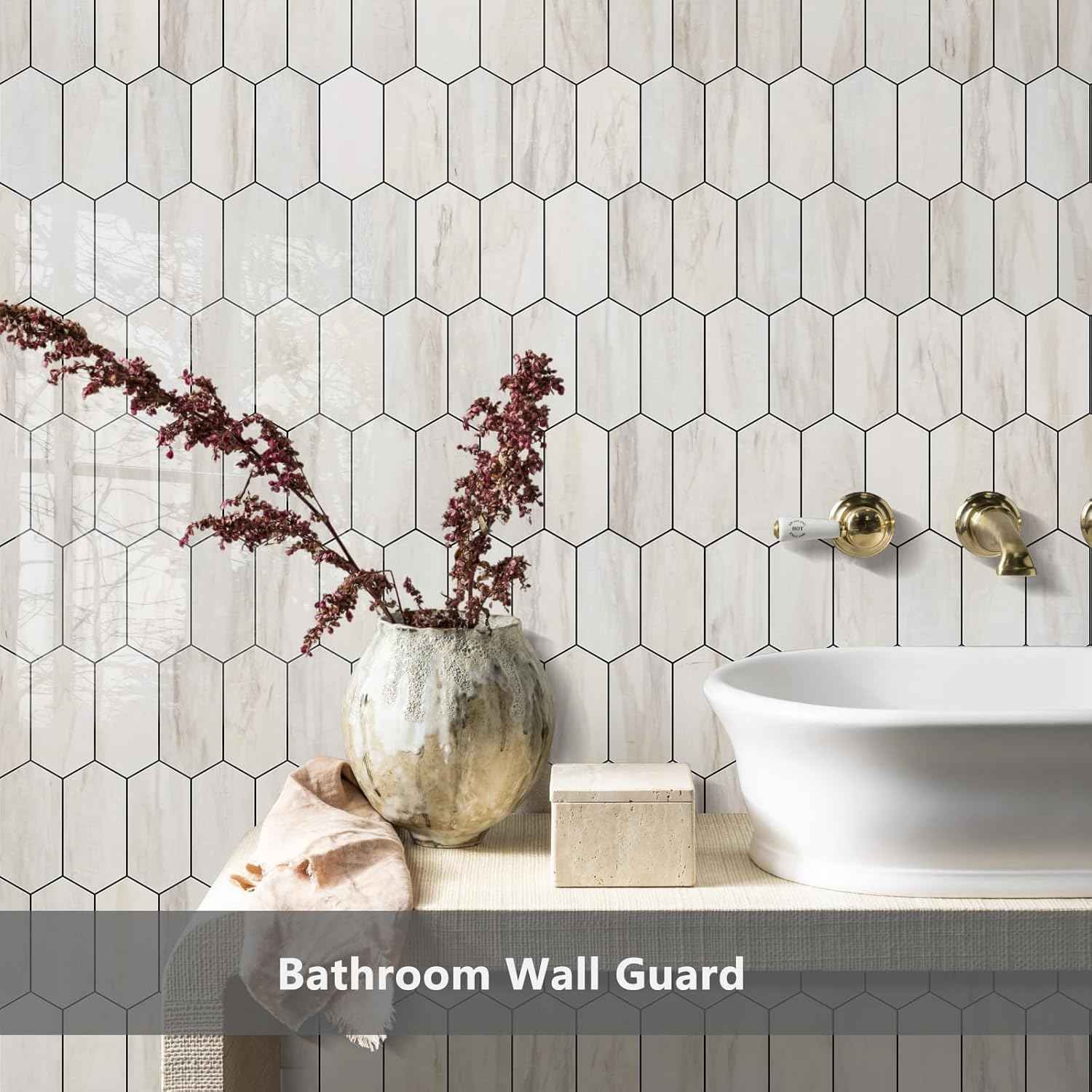 Glossy Wood Grain Peel and Stick Backsplash Tile - 10 Sheets Hexagon Mosaic for Kitchen & Bathroom, 12.4 x 12 Inch