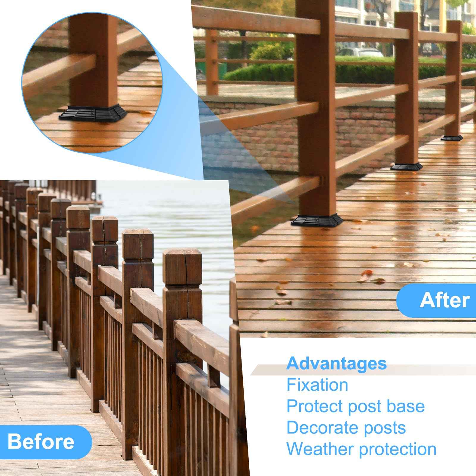 6 Pack 4 x 4 (3.5 inch x 3.5 inch) Vinyl Post Skirt Post Base Cover Column Wraps for Wood Hand Stair Rails and Porch Deck Post Base Black Post Trim