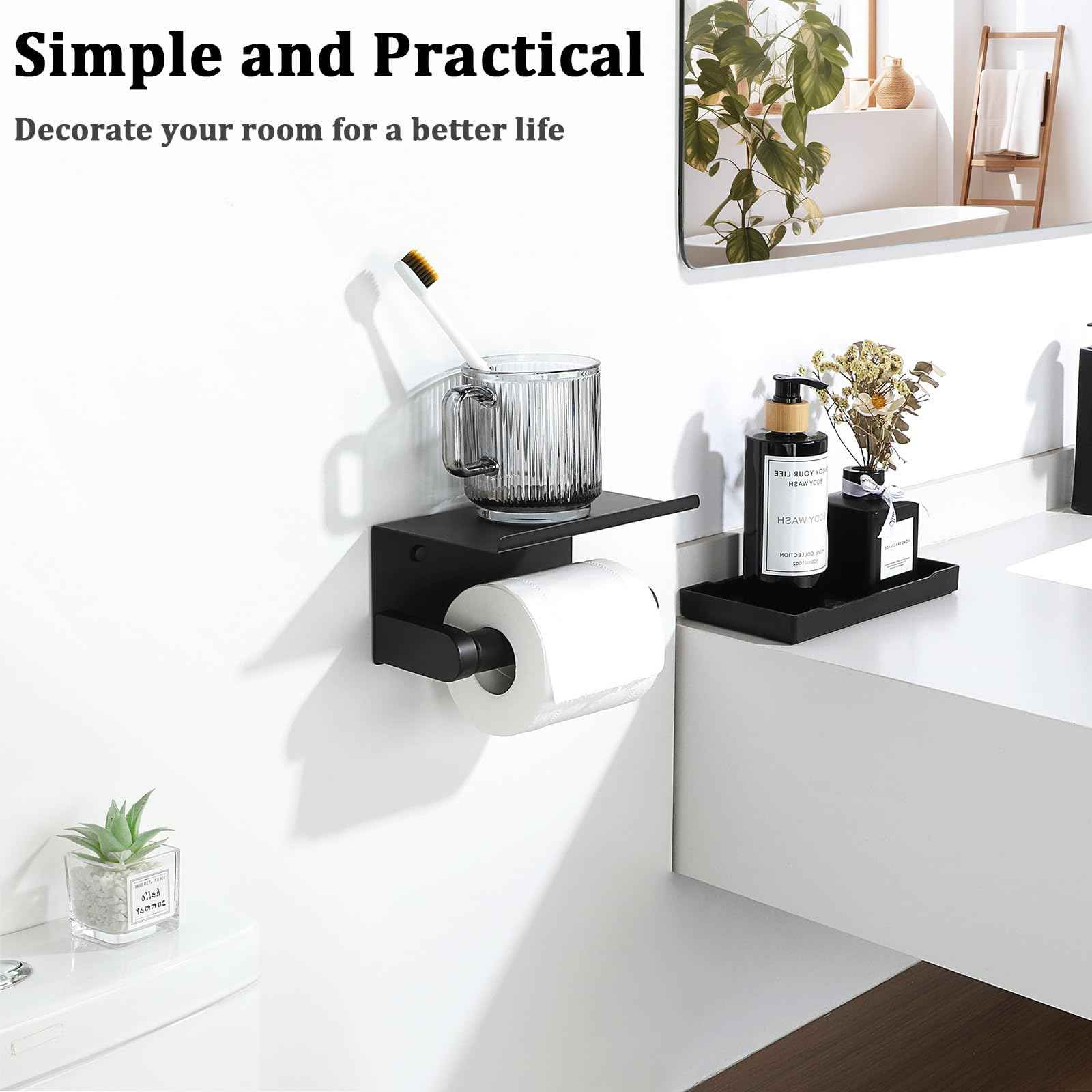 Alise Black Toilet Paper Holder,Bathroom Adhesive Toilet Paper Holder SUS304 Stainless Steel Toilet Paper Roll Holder with Shelf Spring Loaded Tissue Holder Wall Mount(Adhesive or Screw)