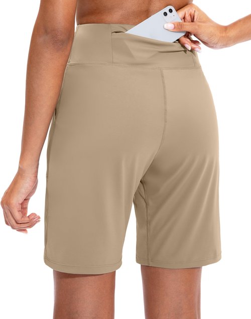 SANTINY Women's Athletic Bermuda Shorts High-Waisted Long Shorts for Women Running Yoga Lounge with Pockets(Khaki-XL