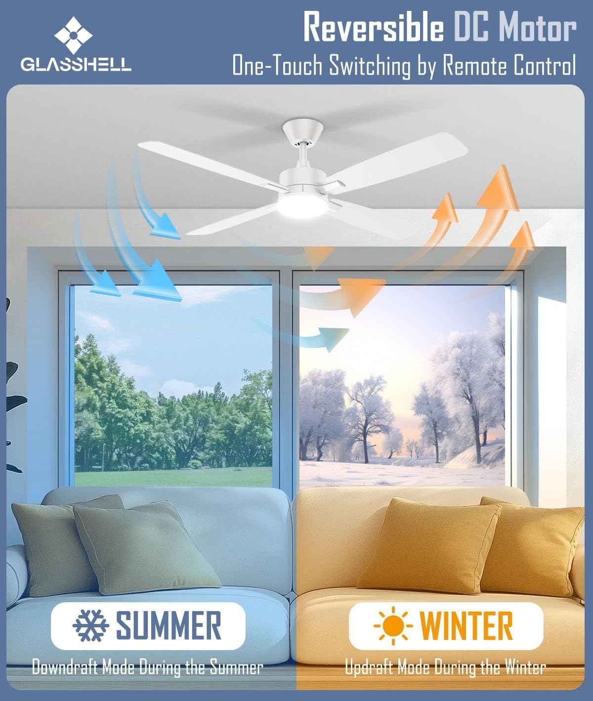 52-Inch Ceiling Fan with Remote Control & Dimmable Light - Noiseless DC Motor for Indoor/Outdoor Use