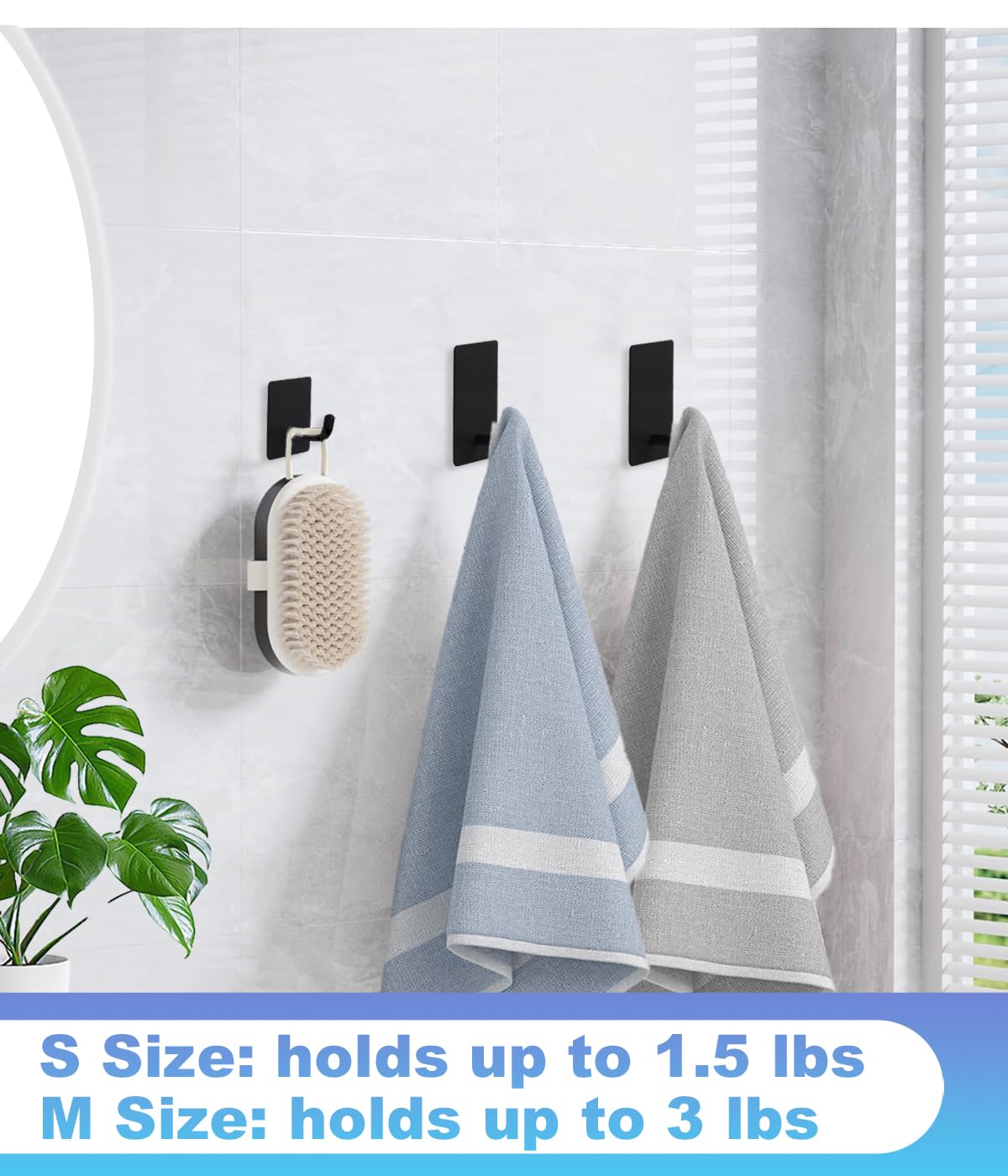 5 Pcs Towel Hooks with Removable Strips for Hanging,Adhesive Wall Hooks Heavy Duty,Outdoor Hooks No Damage,Sticky Hooks for Bathrooms,Shower,Stockings,Decor,Robe,Medium,Black 304 Stainless Steel