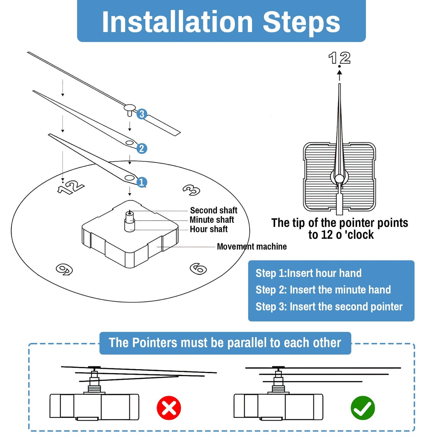 Quartz Clock 12888 Movement Replacement Set, Battery Operated Axis Shaft High Torque Clock Parts Suitable with Thread and Seconds Hand Motor Repair Parts and DIY (Shaft 8mm - No Thread)