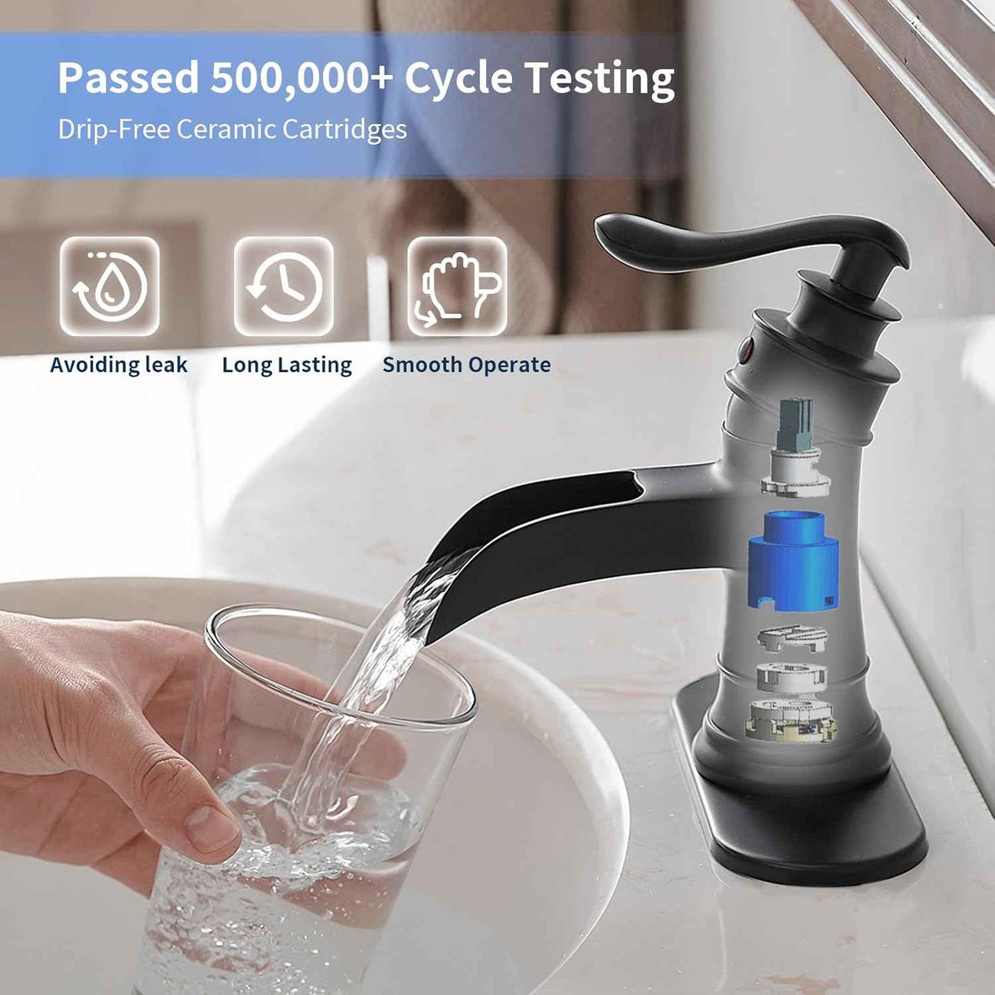 Matte Black Waterfall Bathroom Faucet - Single Handle Lavatory Sink Mixer with Brass Drain