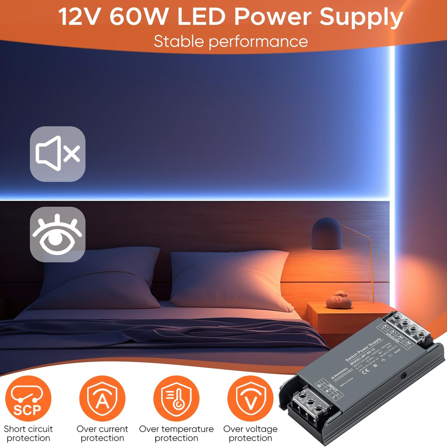 Karyoosi 12V 60W LED Driver, LED Power Supply 5A, Transformer AC 120V to DC 12V for Home Lighting, LED Lamps