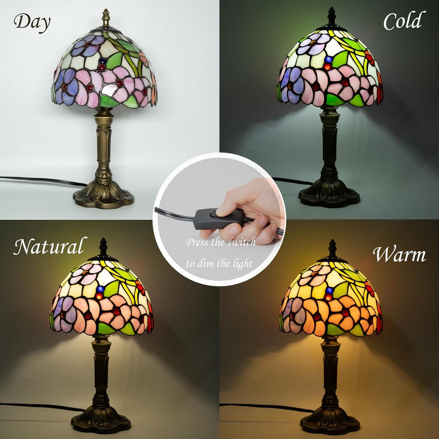 Tiffany Table Lamp - 8 Inch Antique Stained Glass, 3 Color Temperatures, Handcrafted for Bedroom & Living Room