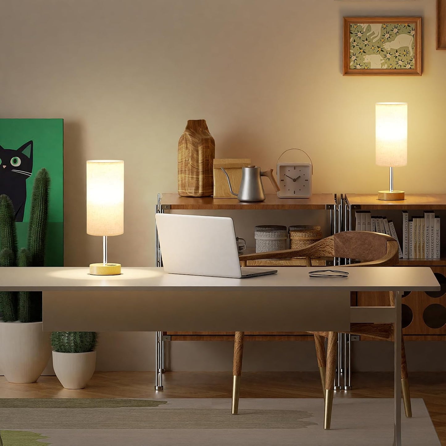 Touch Bedside Lamps Set of 2 - Dimmable Table Lamps with Wooden Charging Station for Bedroom & Kids Room