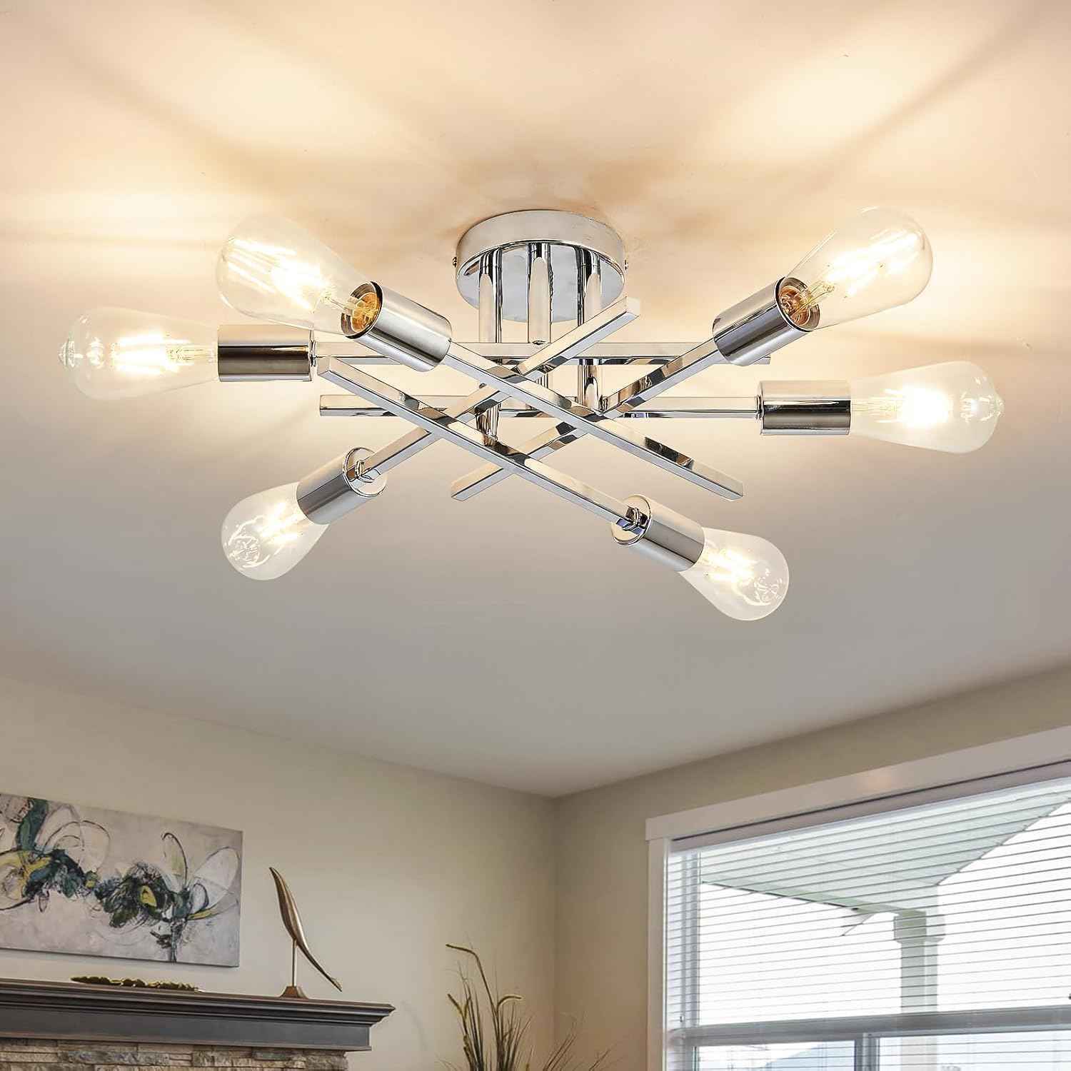 Gold Modern 6-Light Semi Flush Mount Ceiling Light Fixture - Vintage Sputnik Chandelier for Kitchen, Dining & Living Room