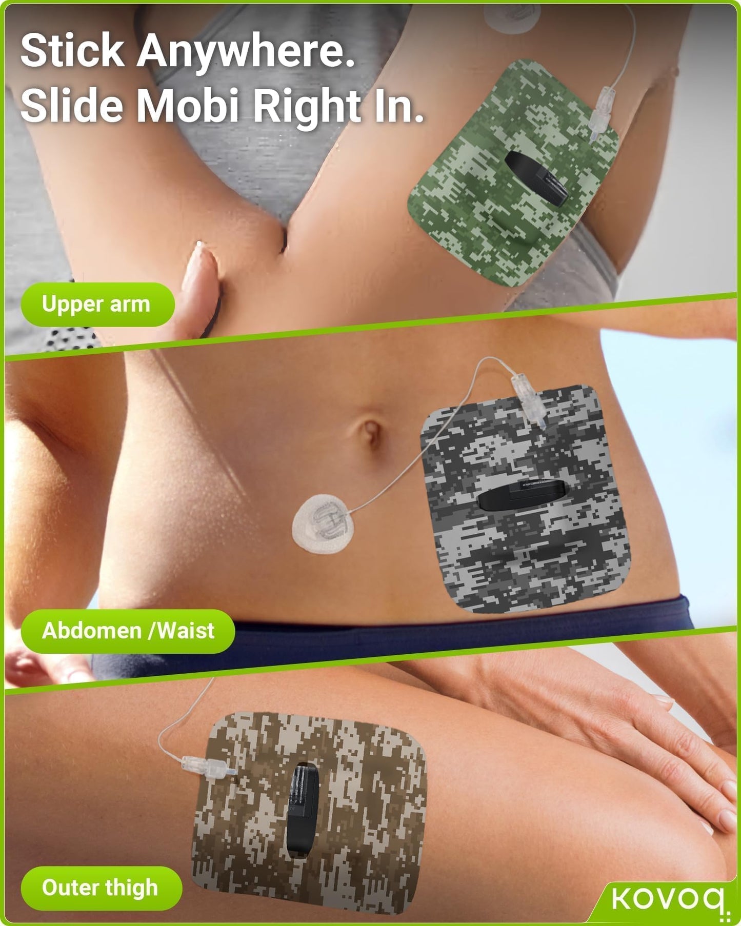 Kovoq Tandem Mobi Adhesive Sleeve, 16 Pack Overpatch Waterproof Pockets for Tandem Mobi Insulin Pump, Breathable Latex-Free and Hypoallergenic, 10+ Days Secure Hold with Case (Camo)