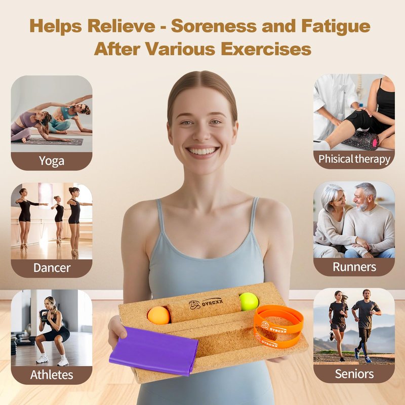 Cork 4-in-1 Balance Board Kit with Massage Roller & Ball, Toe Resistance Bands, Storage Bag & Exercise Guide - Plantar Fasciitis Recovery, Physical Therapy, Prevent Falls & Enhance Mobility