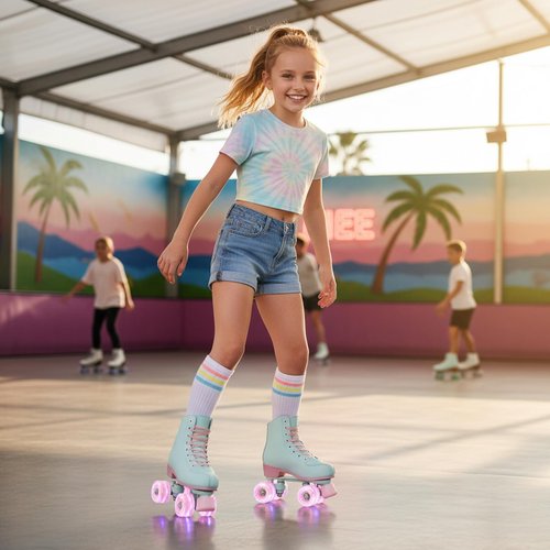 XUDREZ Roller Skates for Girls and Women, Light Green PU Leather Indoor Outdoor Roller Skates with Pink Light Up Wheels for Youth Kids Girls Ages 6-12 (33-Youth 2)