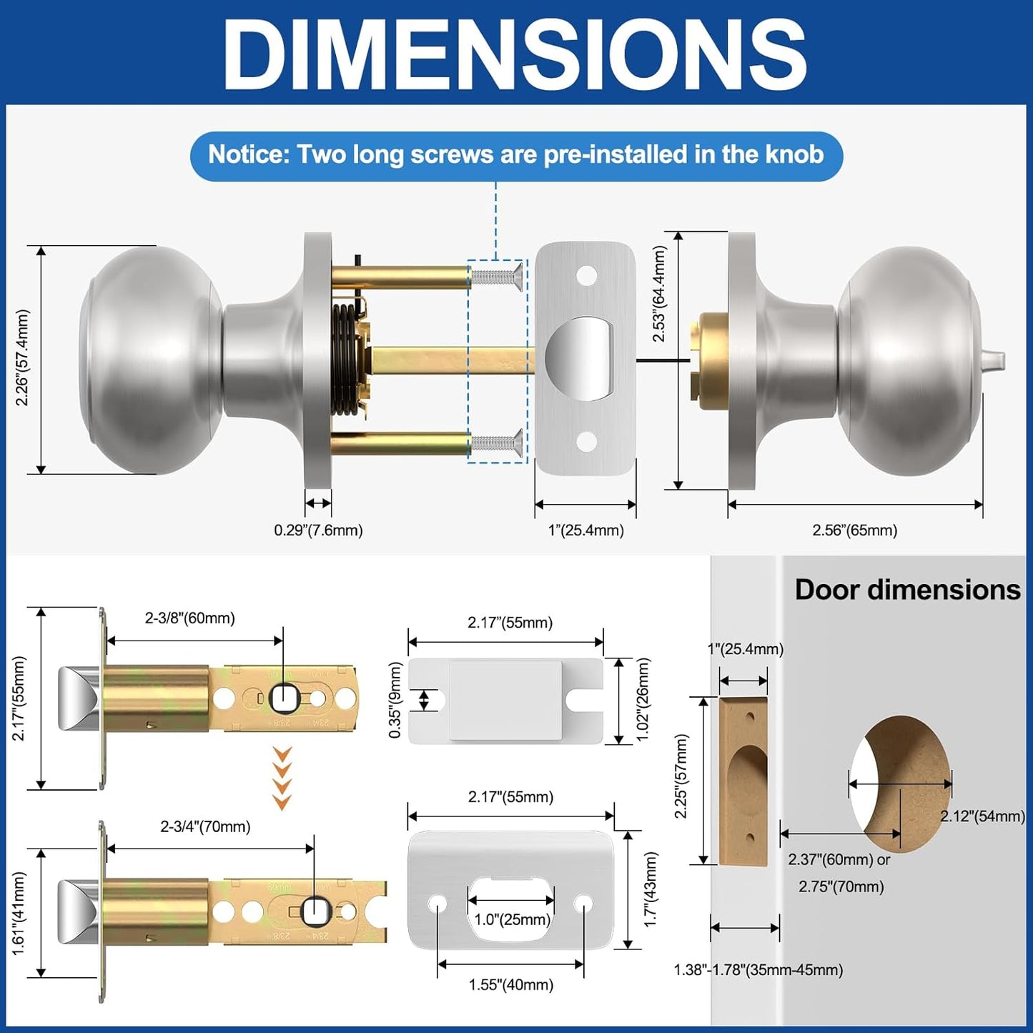 Brushed Nickel Privacy Door Knob Set - Keyless Interior Locks for Bedroom & Bathroom (6 Pack)