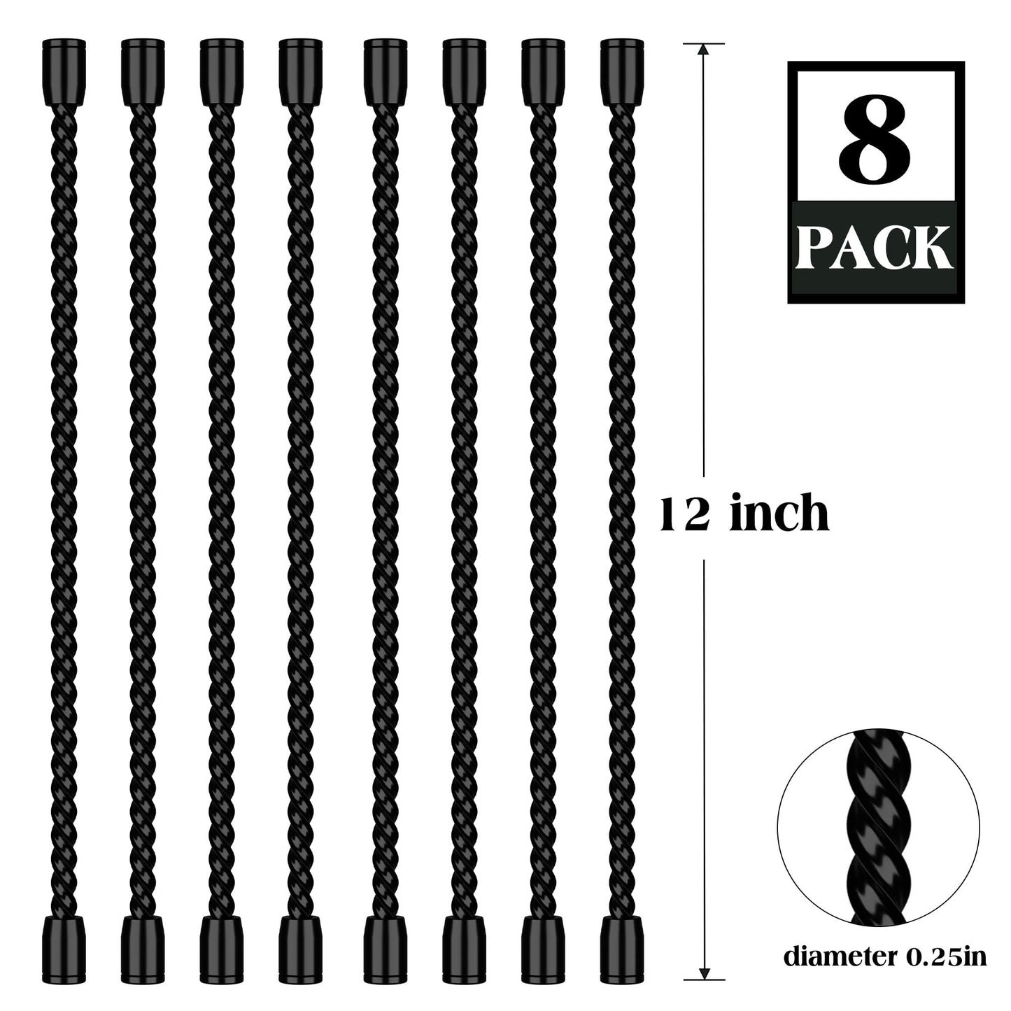 8PCS 12-Inch Silicone Cable Ties, Bendable Rubber Twist Ties, Reusable Twist Ties for Cords, gear ties for Organizing, Bundling (Black)