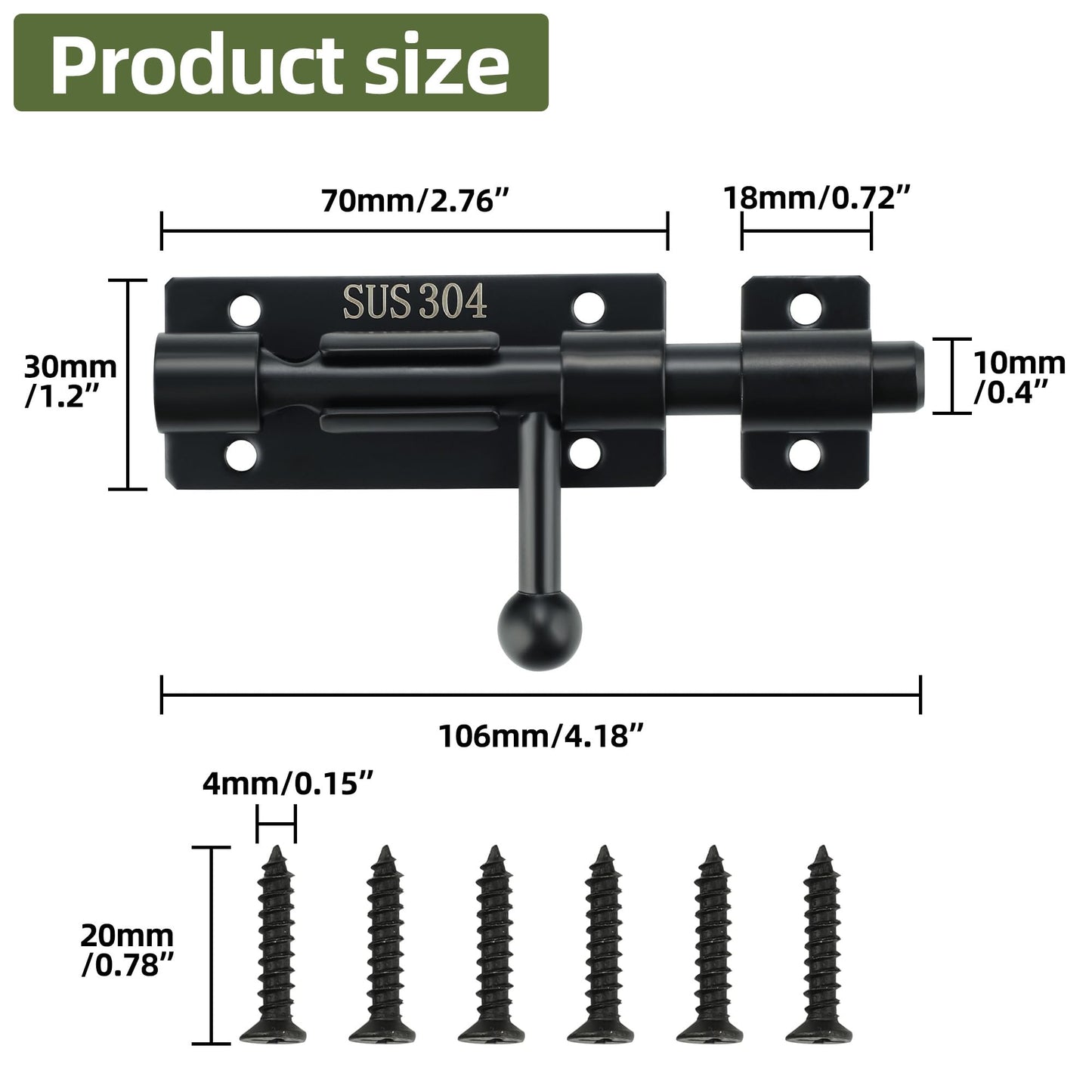 Alise 4 Inch SUS304 Stainless Steel Gate Latch, Slide Bolt Latch,Thickened Heavy Door Latch Lock, Black Barrel Bolt Latch, Security Slide Latch Lock MCX7004-B