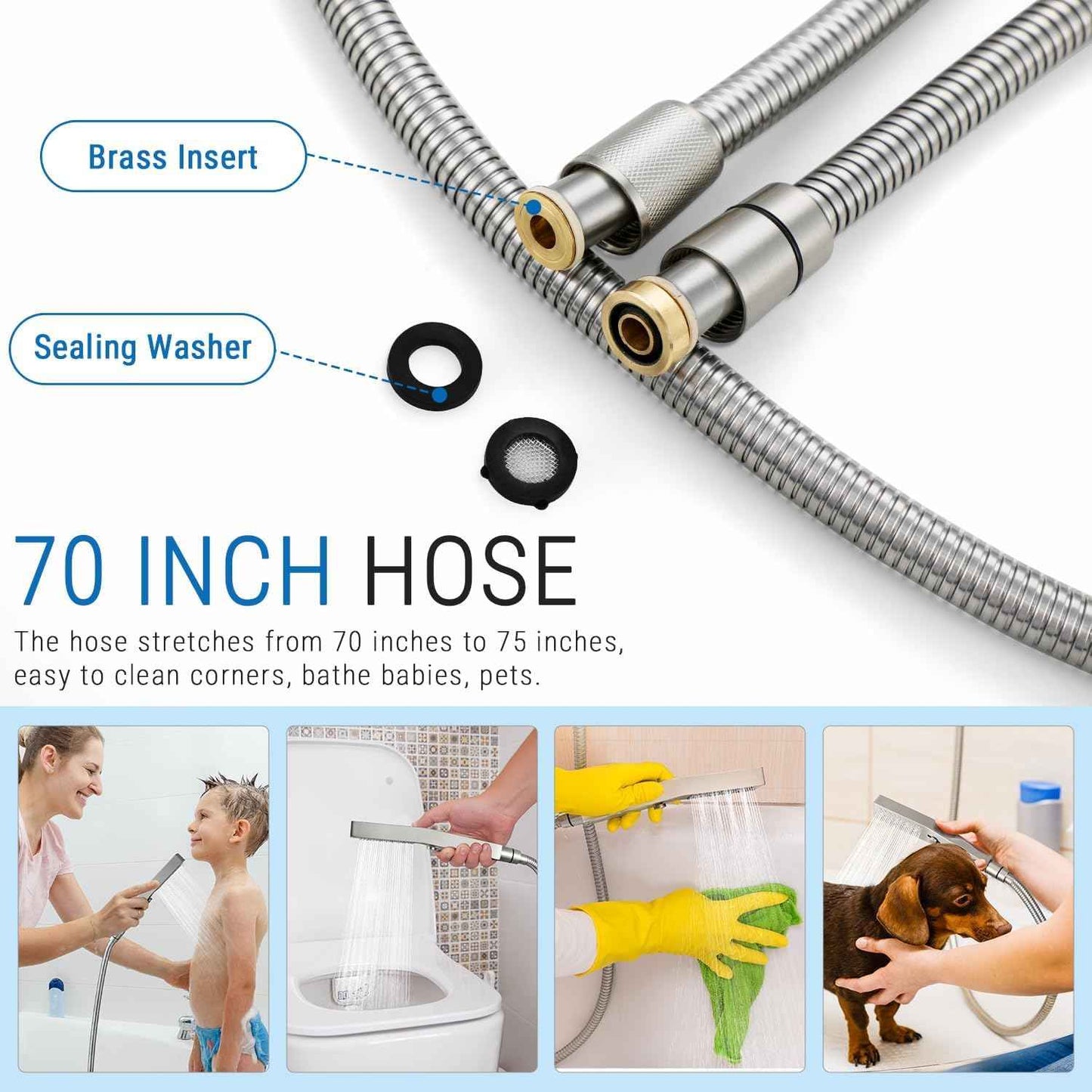 All Metal Handheld Shower Set with 3-Function Wand & 70-Inch Stainless Steel Hose