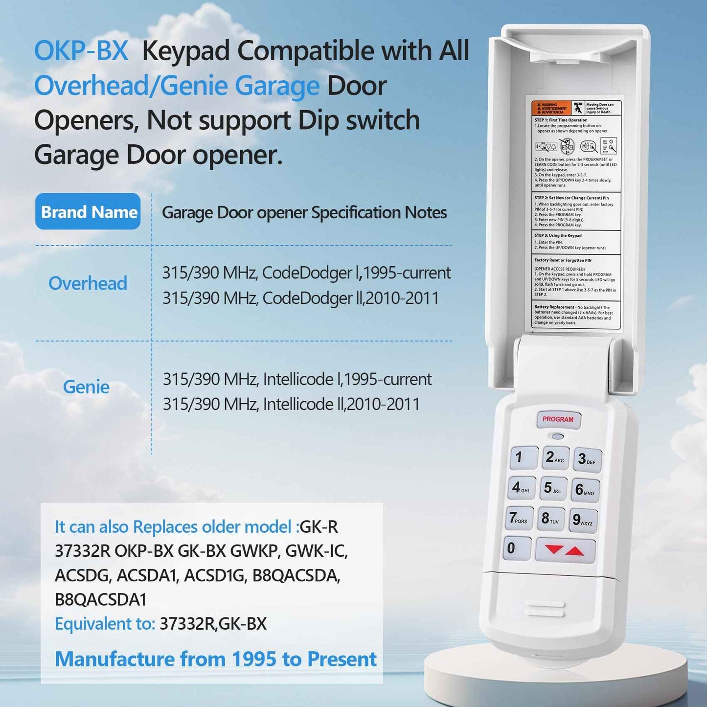 for Overhead Garage Door Opener Keypad, Compatible with All Overhead/Genie Garage Door Openers, Work with Model GK-R 37225R 37332R OKP-BX GK-BX GWKP, GWK-IC, ACSDG, ACSDA1, ACSD1G, B8QACSDA