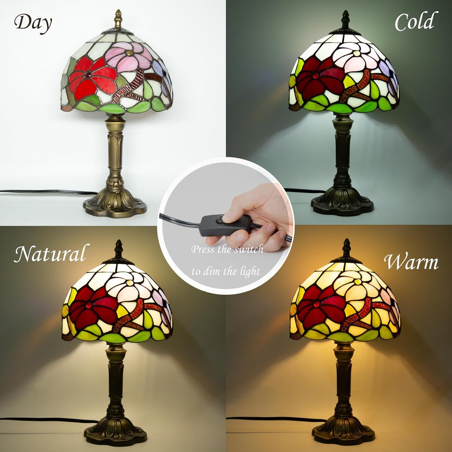 Tiffany Table Lamp - 8 Inch Antique Stained Glass, 3 Color Temperatures, Handcrafted for Bedroom & Living Room