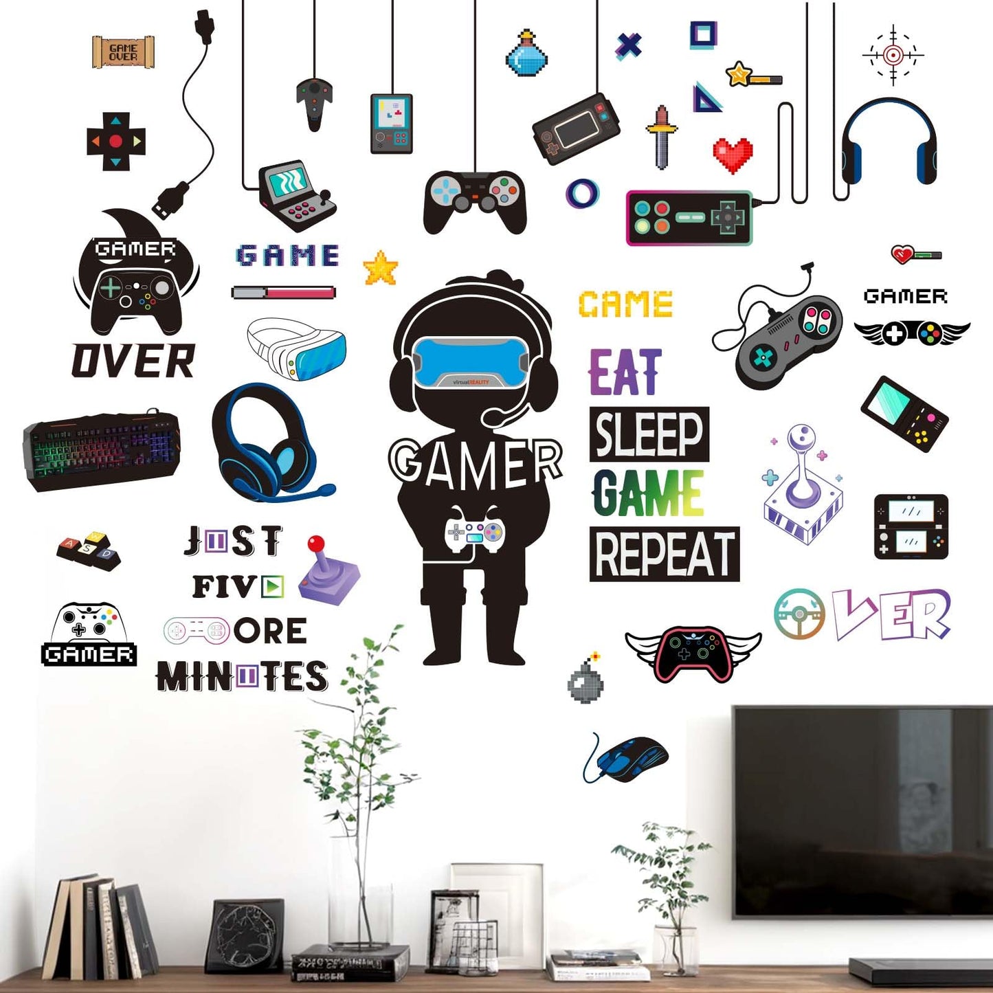Amimagen Gamer Wall Stickers - Controller Eat Sleep Games Joystick Video Gaming Wall Decals - Boys Bedroom Playroom Baby Kids Room Wall Decor