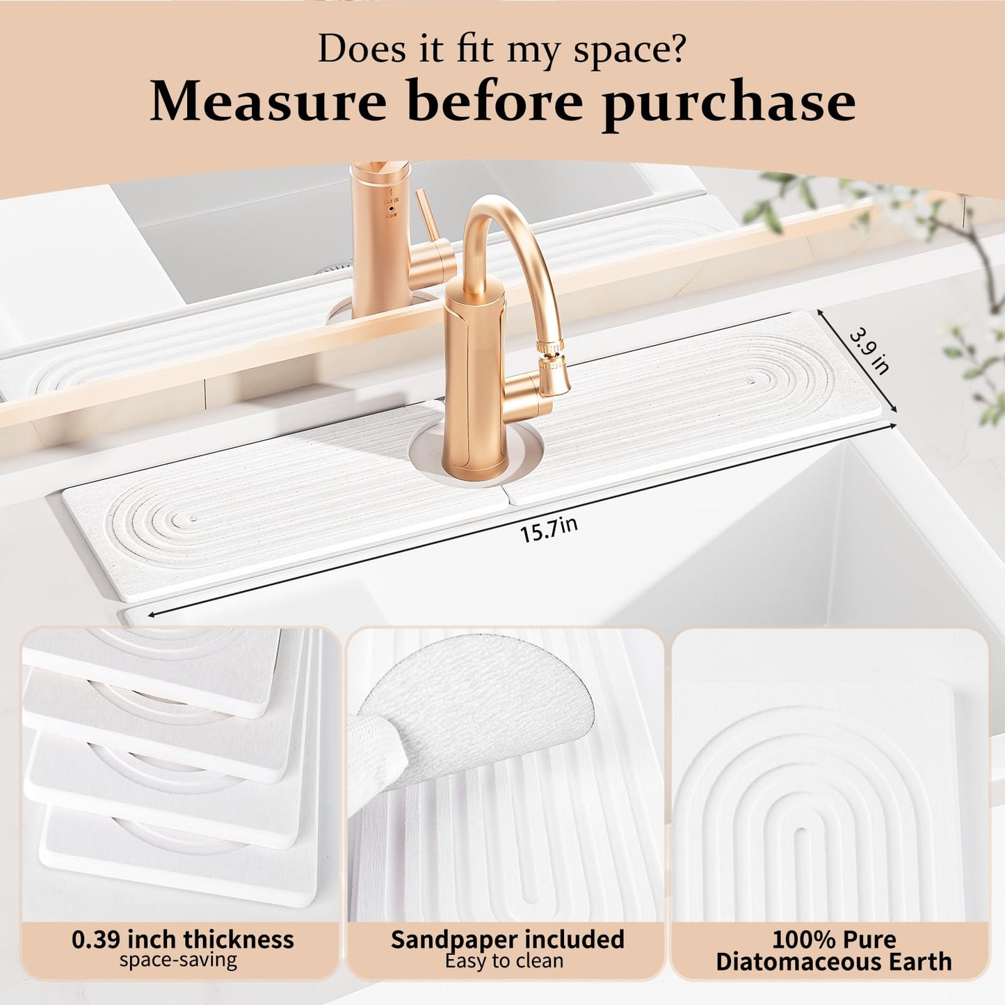 CXGMYLZZ Faucet Mat for Kitchen Sink ,Water Absorbing Stone Tray for Sink,15.7 inches Long Diatomite Fast-Drying Faucet Mat, Faucet Splash Guard for Bathroom Counter