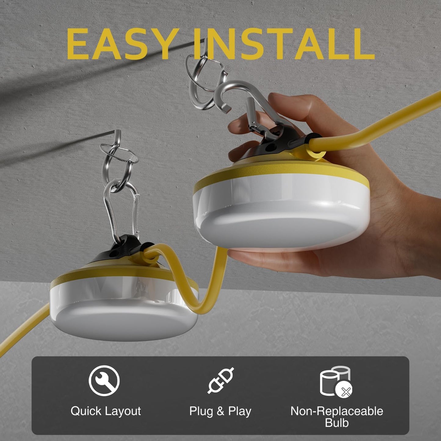 50FT LED Construction String Lights - 5000LM Daylight, IP65 Waterproof, 50W Temporary Work Lighting for Indoor/Outdoor Use