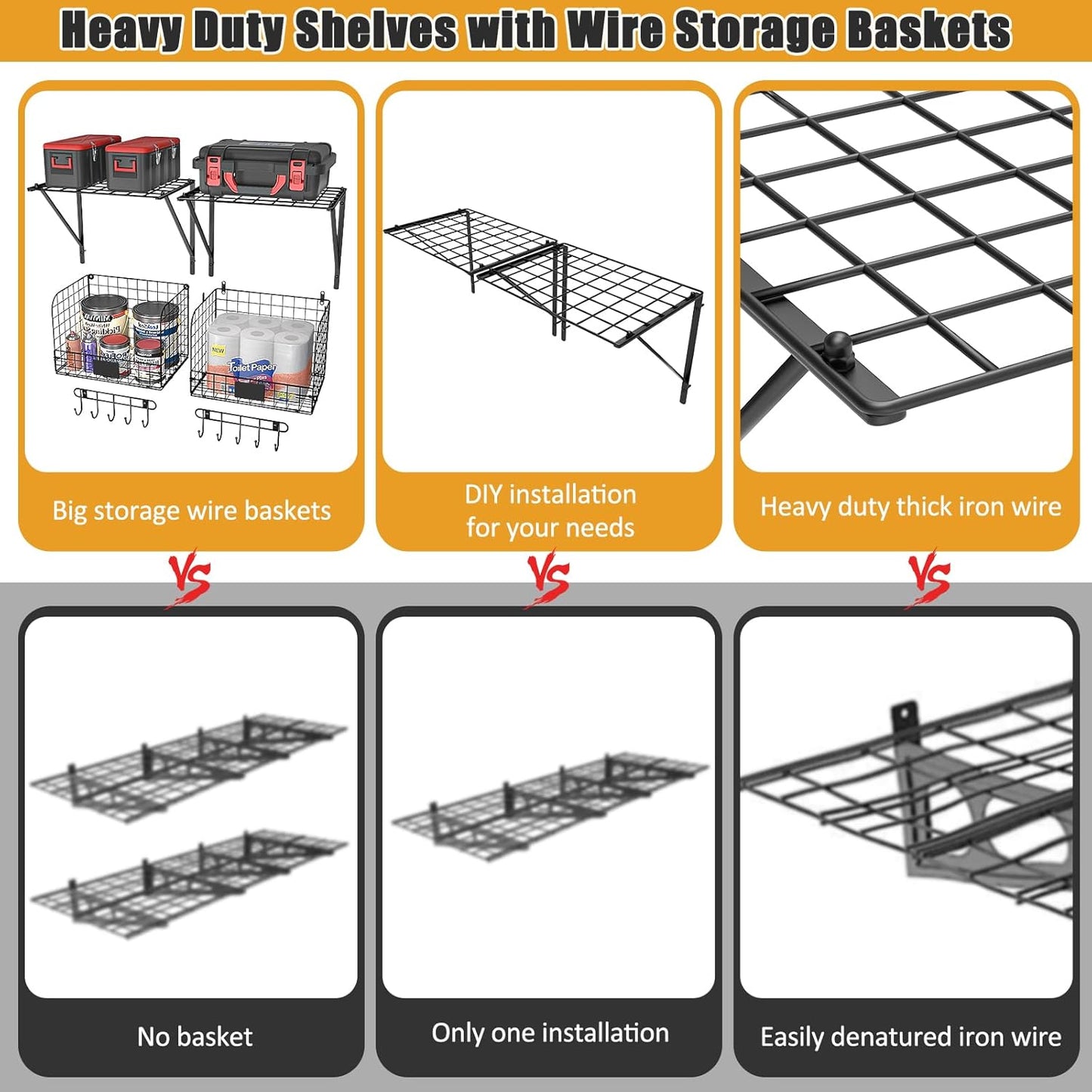Heavy-Duty Wall-Mounted Garage Shelves with Wire Baskets & Hooks - 2 Pack Tool Organizer for Home & Garden Storage