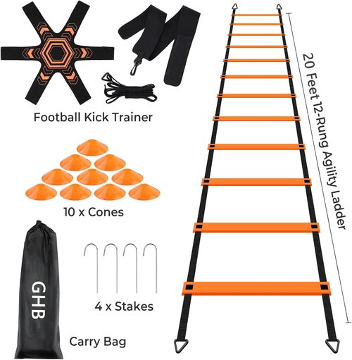 GHB Pro Agility Ladder - 20ft Soccer Kick Trainer Set with 12 Rungs, 10 Cones & Carrying Bag
