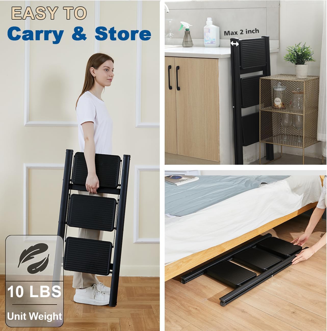 3-Step Folding Step Ladder - Sturdy 330 Lbs Capacity, Anti-Slip Pedals, Multi-Use Kitchen Stool, Black