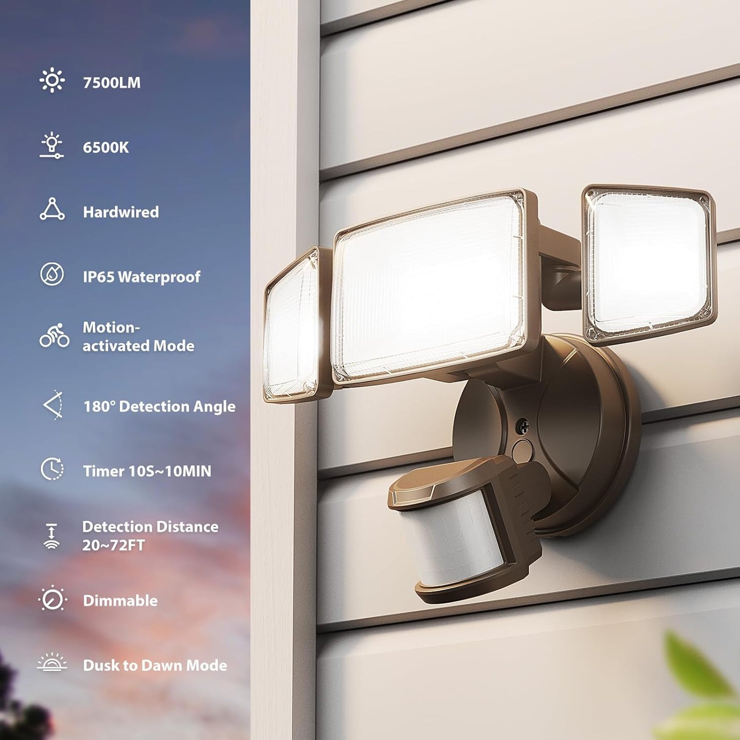 75W LED Motion Sensor Flood Light - Dusk to Dawn Outdoor Security Light, 7500LM, IP65 Waterproof