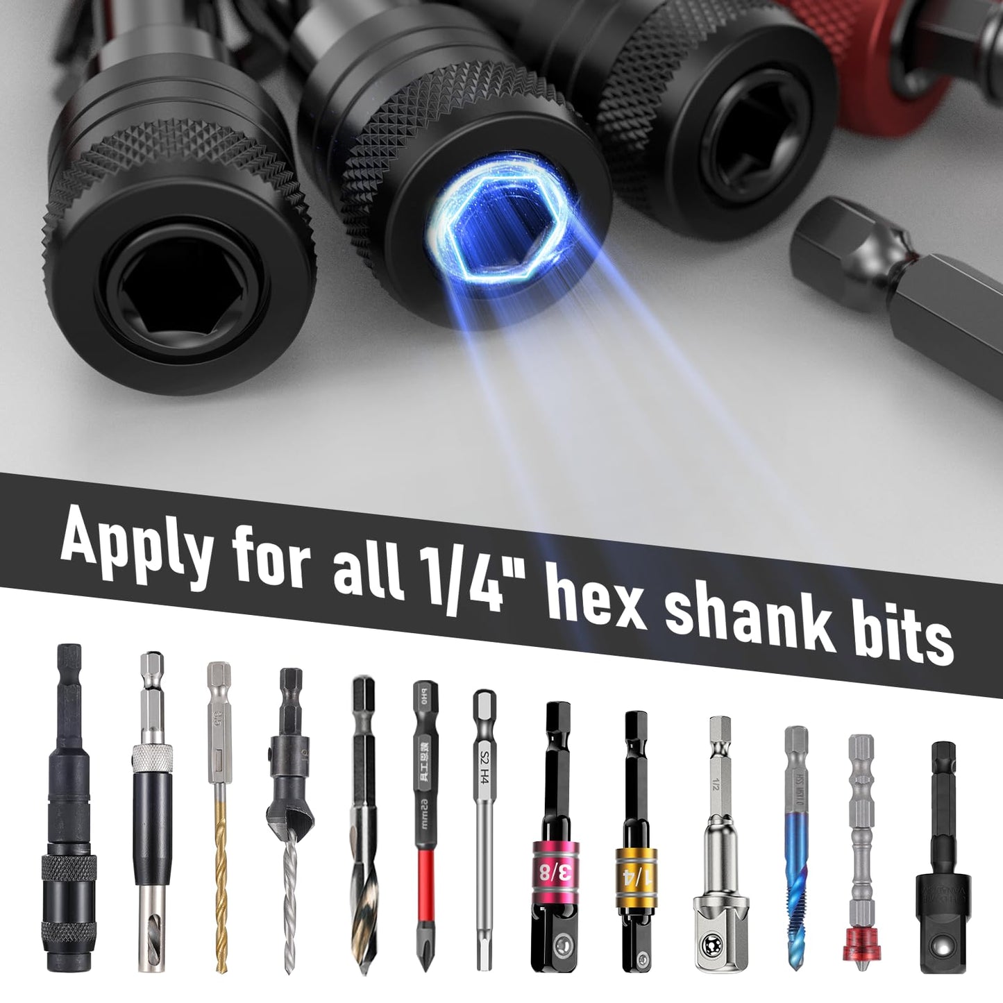 Enhanced Non-Slip Upgrade Bit Holder 6pc, 1/4 Drill Bit Holder Key Chain, Bit Holder for Impact Driver, Quick-Change for Drill Bits & Screwdriver & Drill Bit Extension, Includes Portable Carabiner