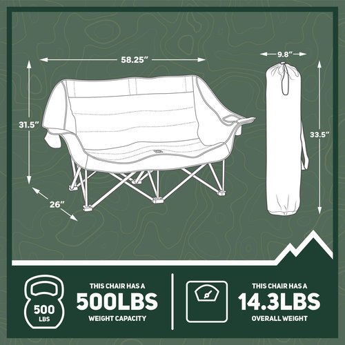 OUTSIDER Love seat Padded Lounge Chair, Oversized Folding Camping Sofa, Low Seat Double Camping Chair, Portable Outdoor Loveseat Supports 500 lbs for Beach, Tailgating, RV, Sports, Patio