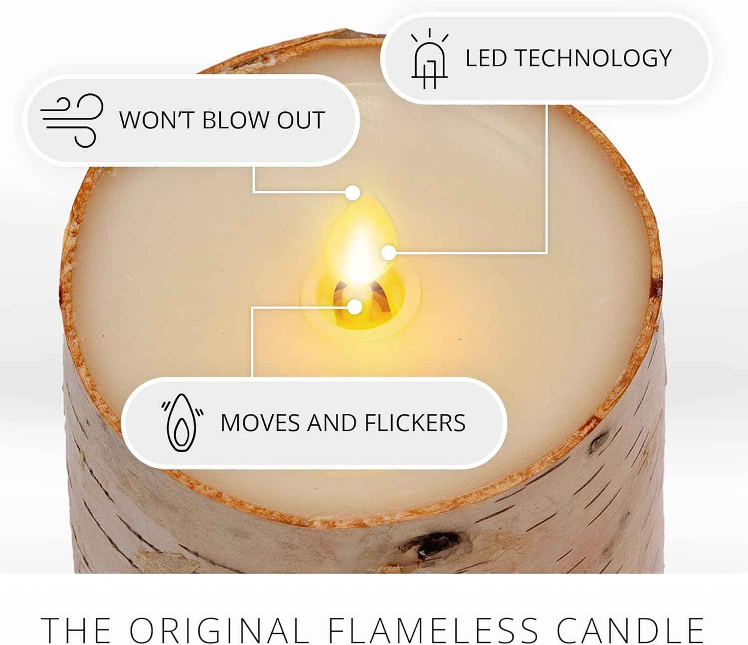 Realistic Moving Flame LED Pillar Candle with Birch Bark - Battery Operated, Remote Ready, 4x7